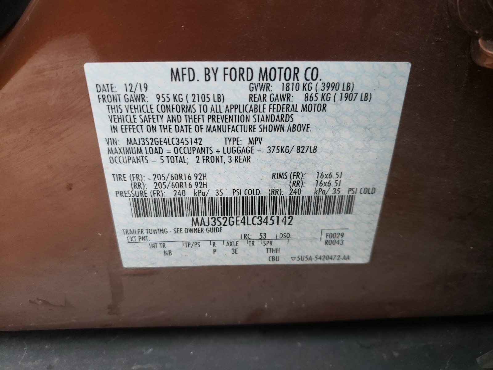 Photo 10 from auction – 2020 FORD ECOSPORT S with VIN MAJ3S2GE4LC345142