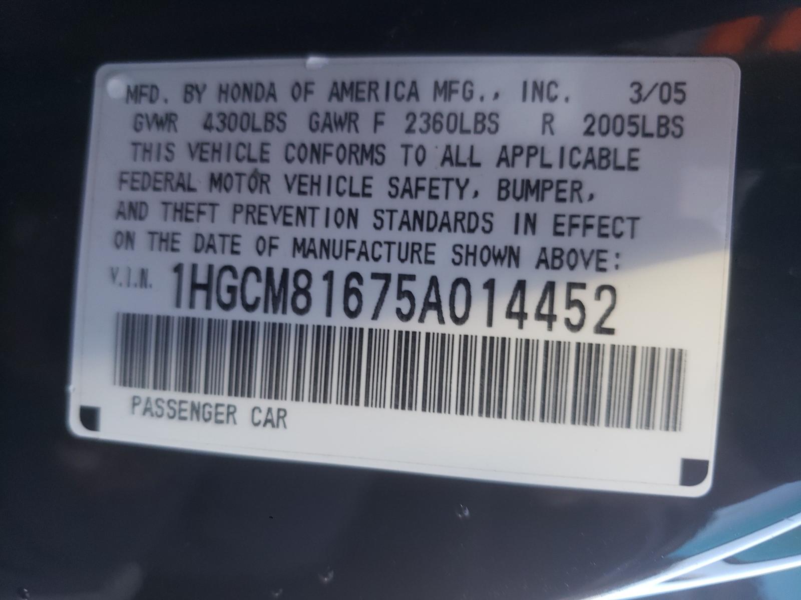 Photo 10 from auction – 2005 HONDA ACCORD EX with VIN 1HGCM81675A014452