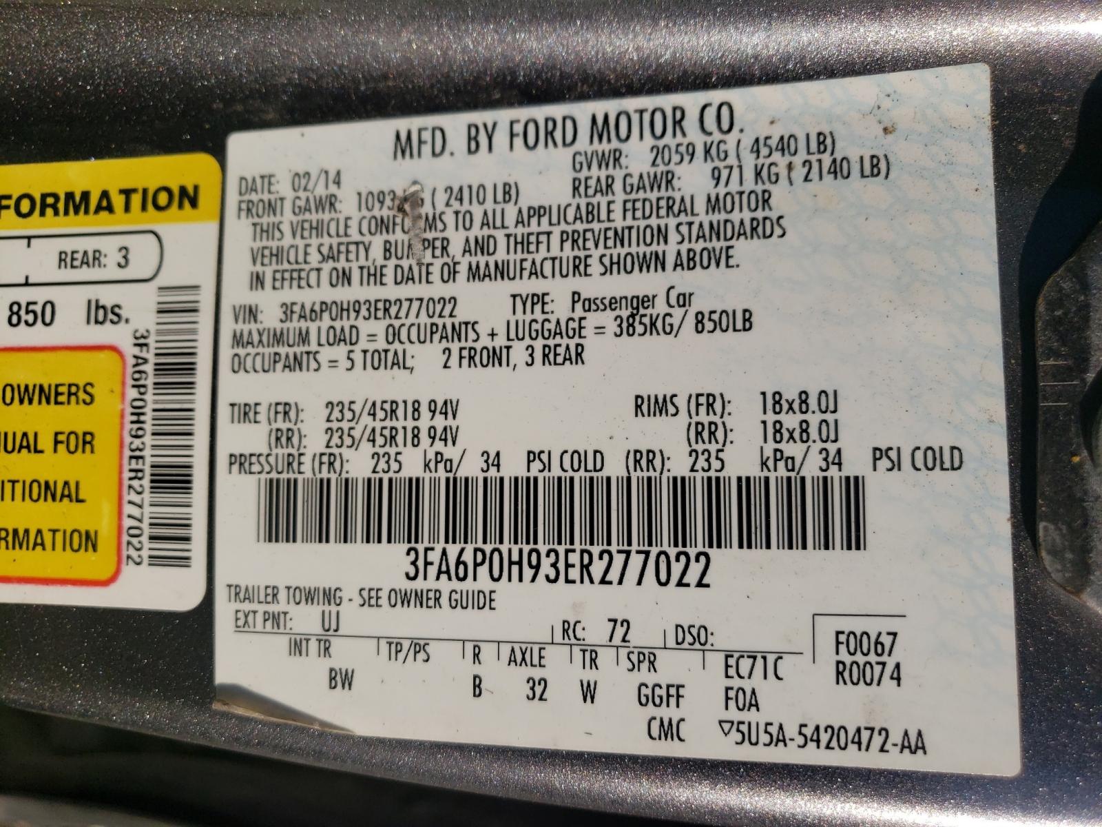 Photo 10 from auction – 2014 FORD FUSION SE with VIN 3FA6P0H93ER277022
