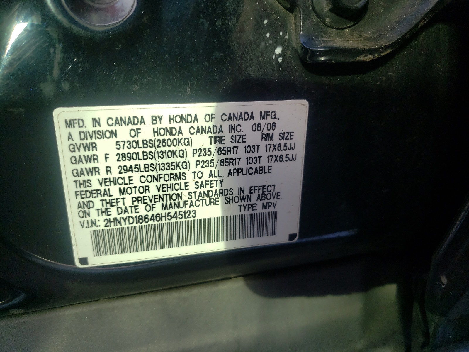 Photo 10 from auction – 2006 ACURA MDX with VIN 2HNYD18646H545123