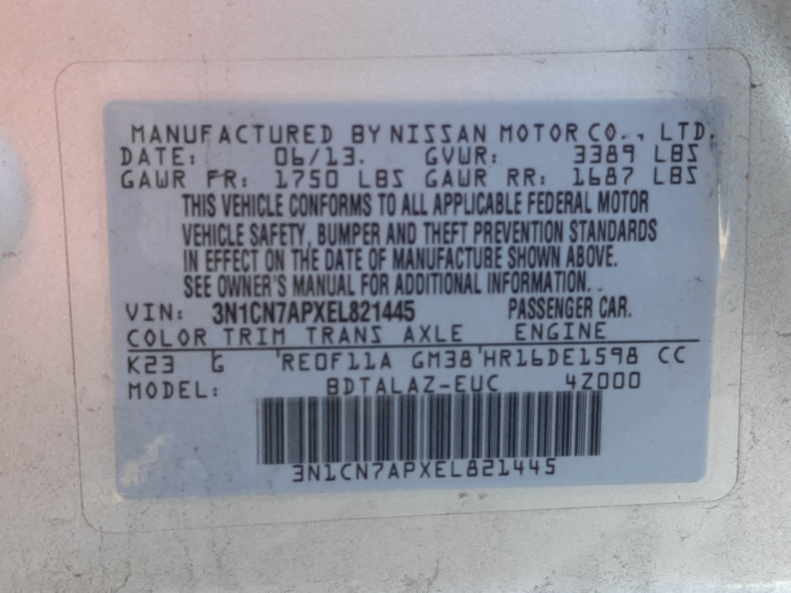 Photo 10 from auction – 2014 NISSAN VERSA with VIN 3N1CN7APXEL821445