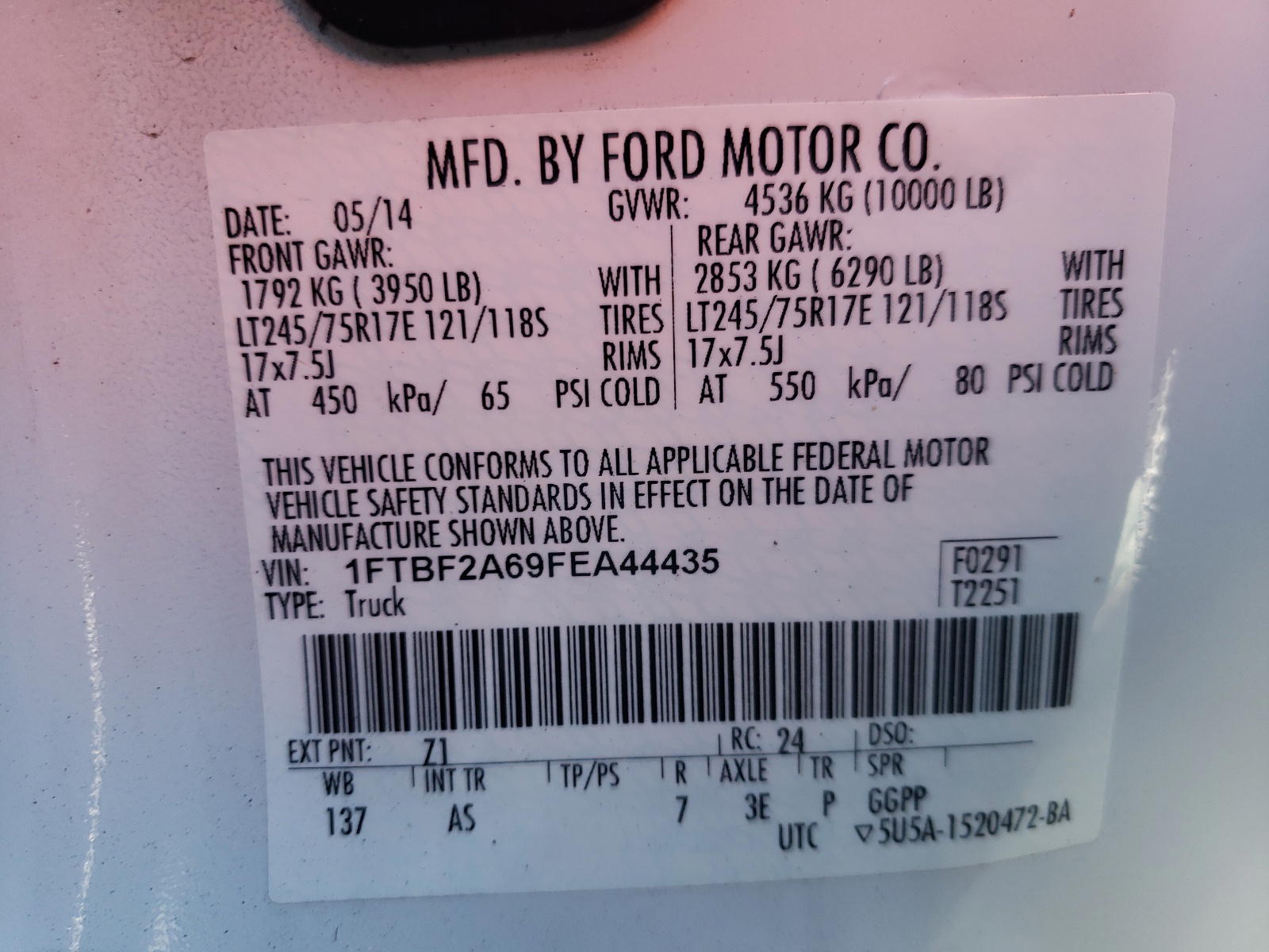 Photo 10 from auction – 2015 FORD F250 SUPER with VIN 1FTBF2A69FEA44435