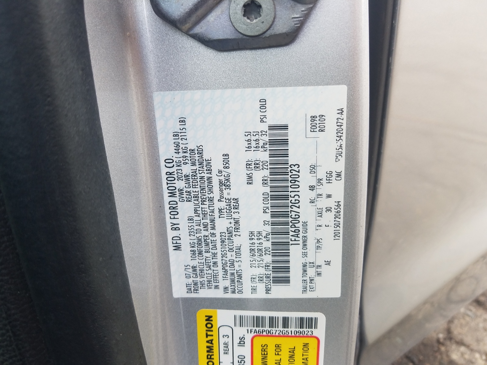 Photo 10 from auction – 2016 FORD FUSION S with VIN 1FA6P0G72G5109023