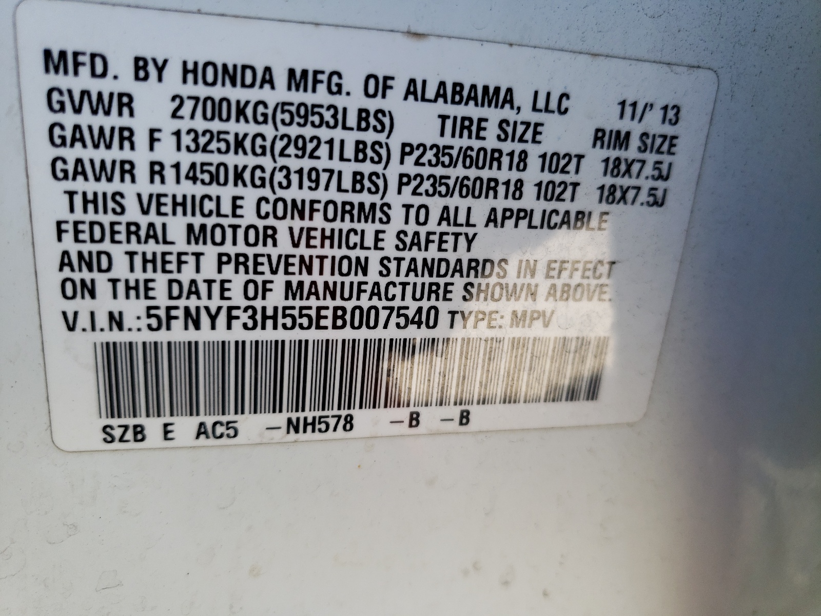 Foto 10 de la subasta – 2014 HONDA PILOT EXL con VIN 5FNYF3H55EB007540