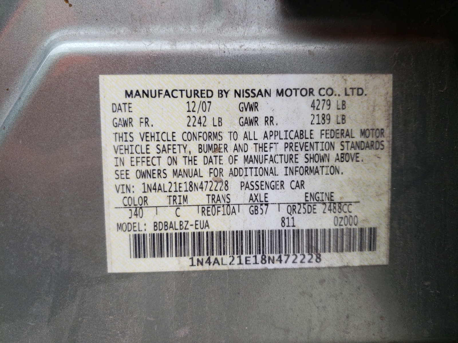 Photo 10 from auction – 2008 NISSAN ALTIMA 2.5 with VIN 1N4AL21E18N472228