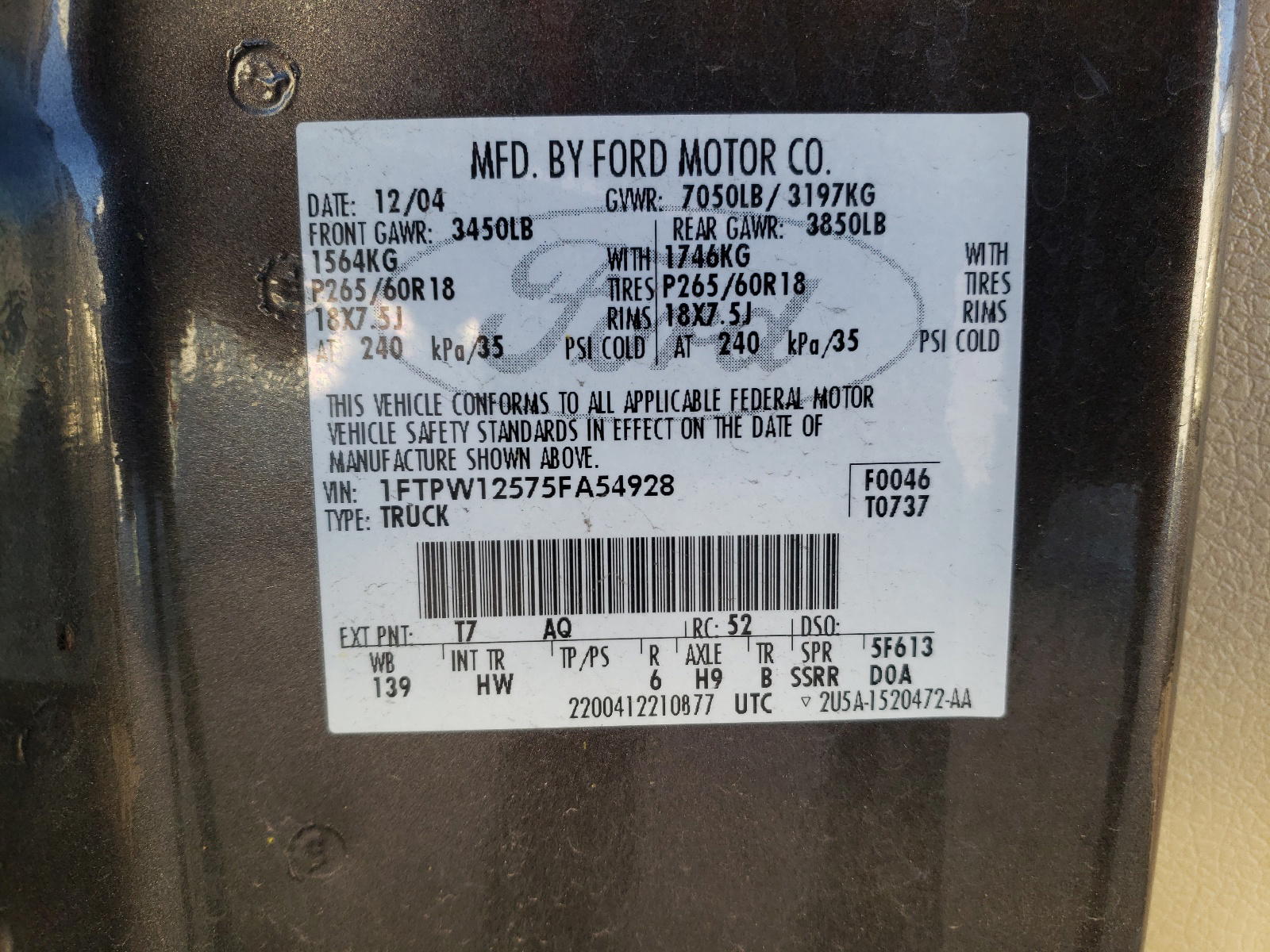 Photo 10 from auction – 2005 FORD F150 SUPER with VIN 1FTPW12575FA54928