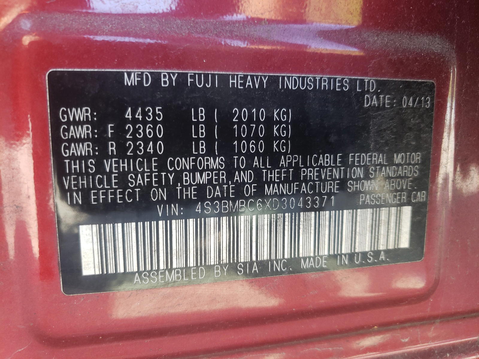 Photo 10 from auction – 2013 SUBARU LEGACY 2.5 with VIN 4S3BMBC6XD3043371