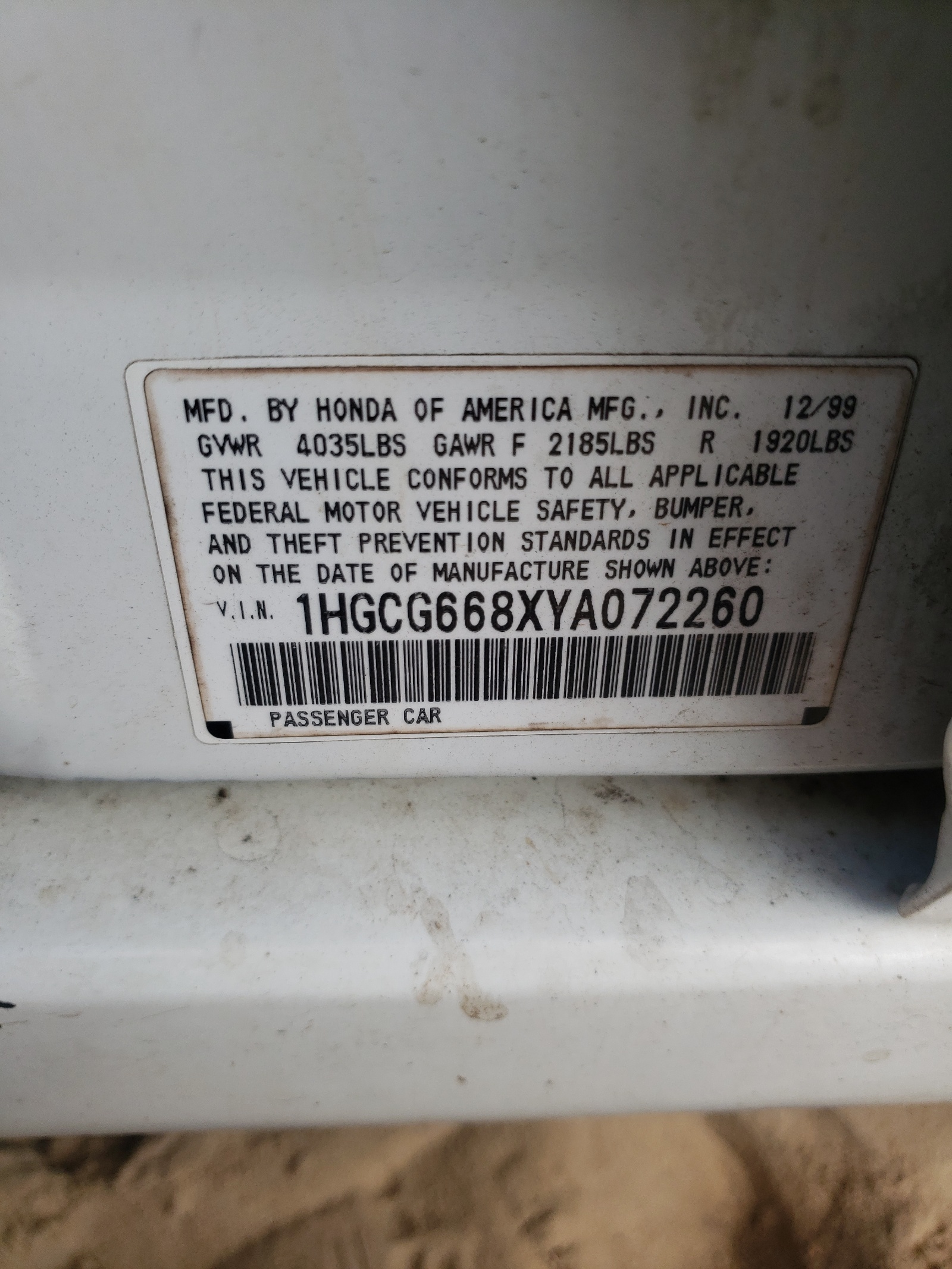 Photo 10 from auction – 2000 HONDA ACCORD EX with VIN 1HGCG668XYA072260