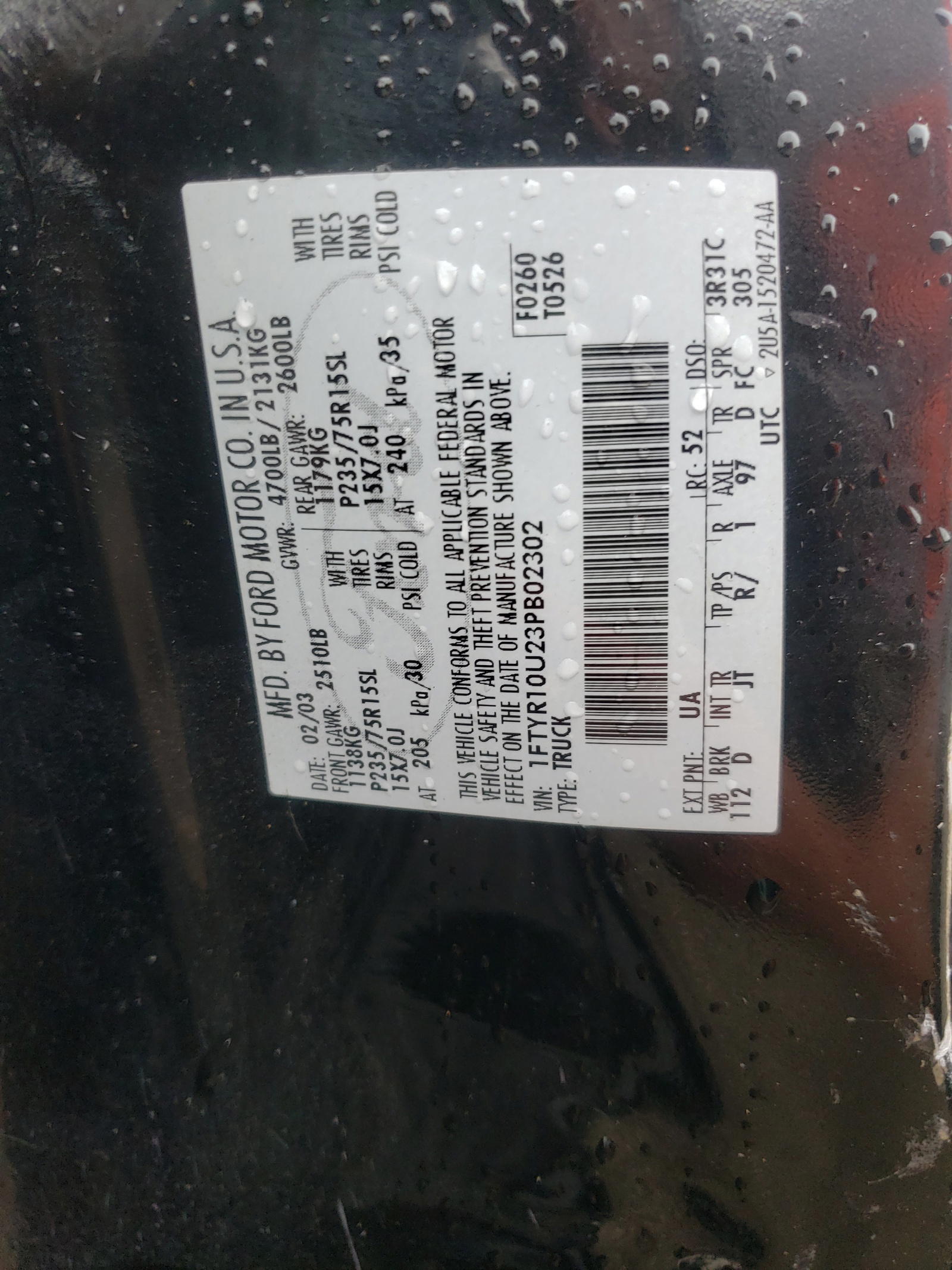 Photo 10 from auction – 2003 FORD RANGER with VIN 1FTYR10U23PB02302