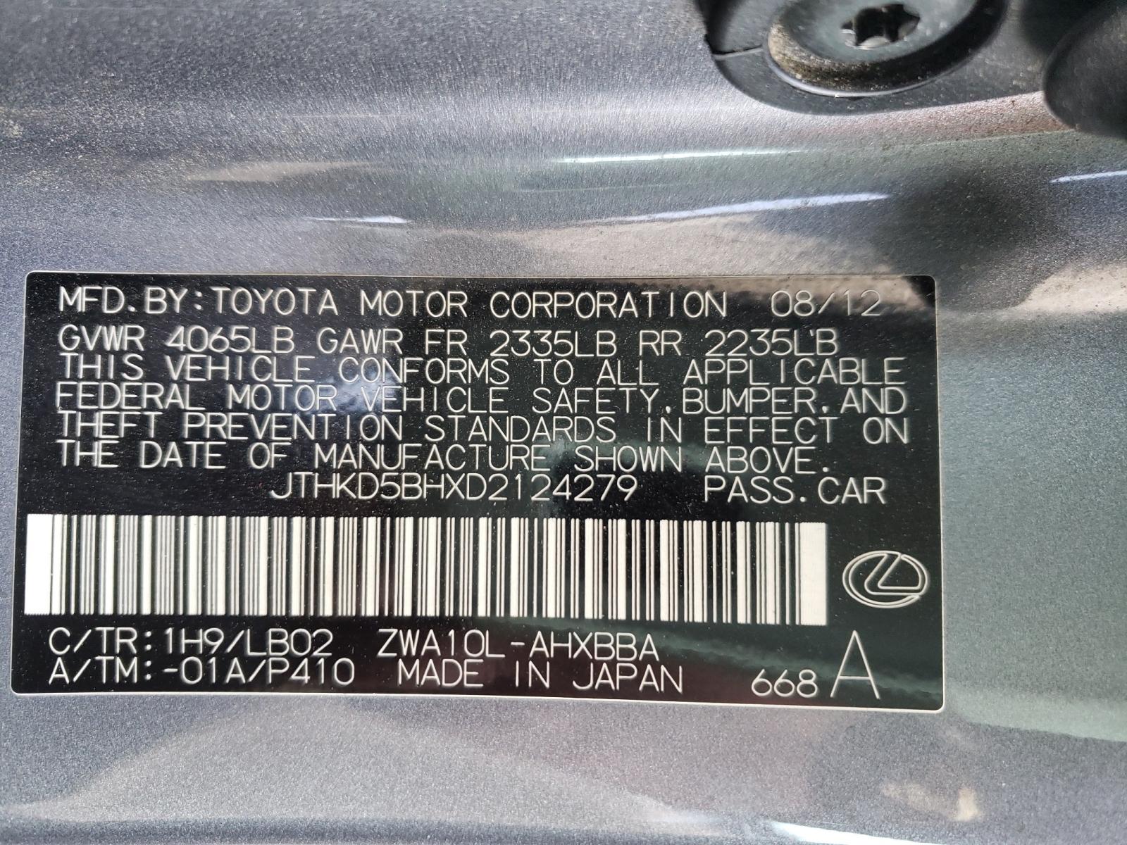 Photo 10 from auction – 2013 LEXUS CT 200 with VIN JTHKD5BHXD2124279