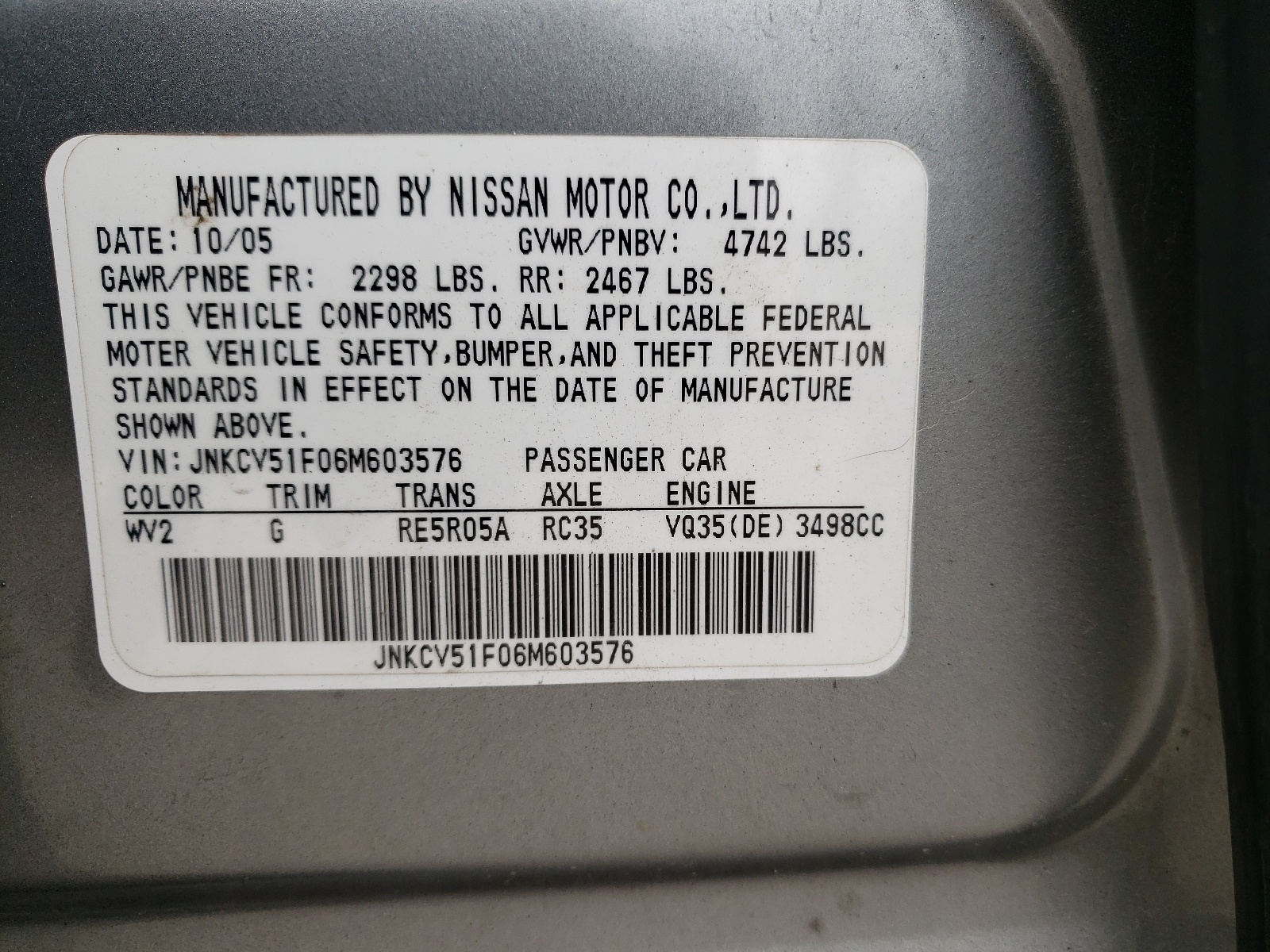 Photo 10 from auction – 2006 INFINITI G35 with VIN JNKCV51F06M603576