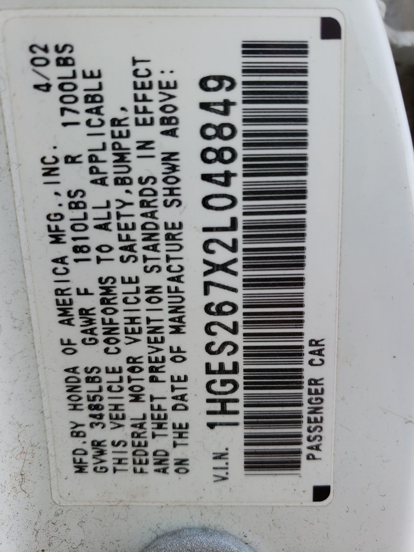 Photo 10 from auction – 2002 HONDA CIVIC EX with VIN 1HGES267X2L048849