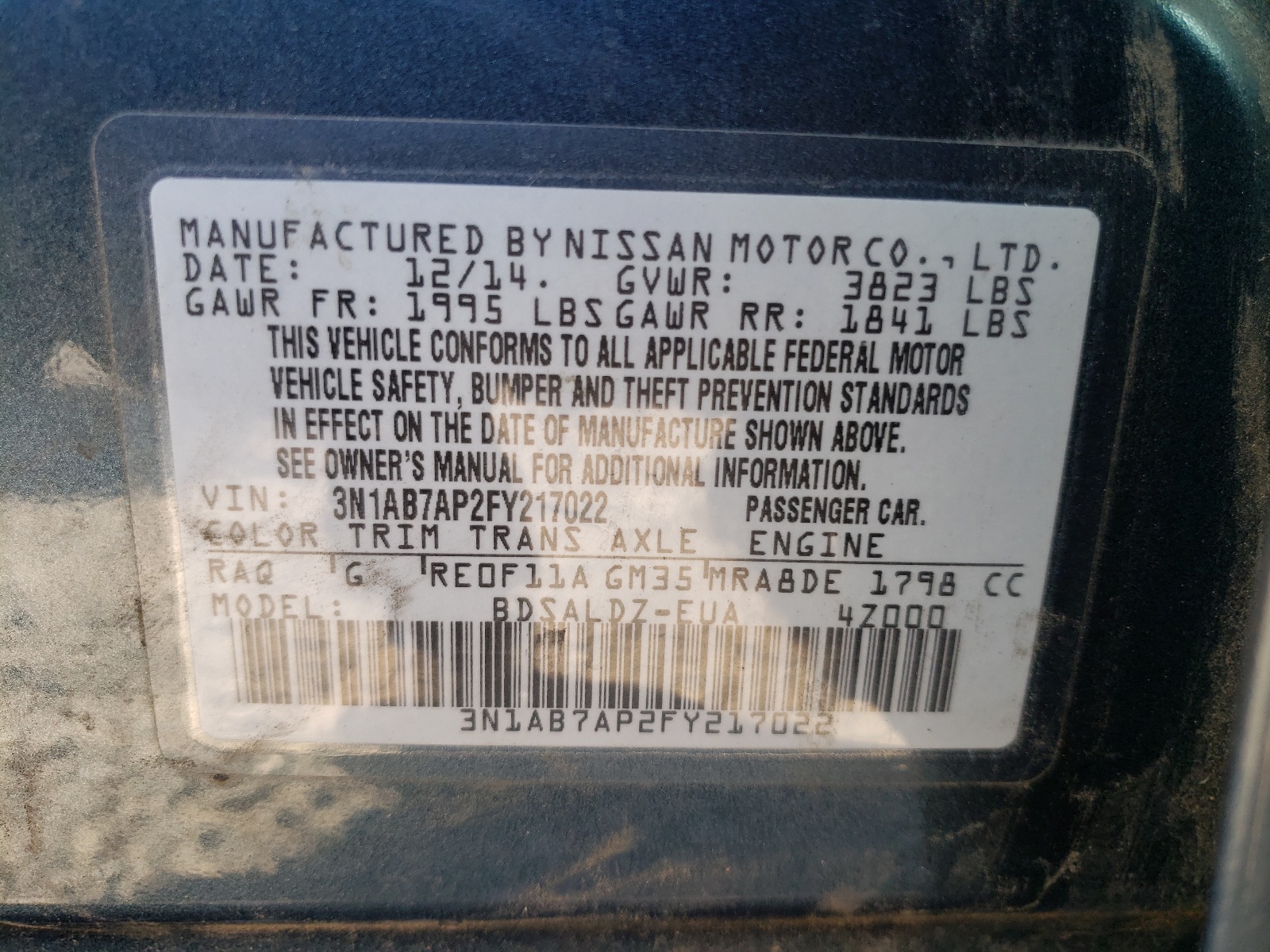 Photo 10 from auction – 2015 NISSAN SENTRA S with VIN 3N1AB7AP2FY217022