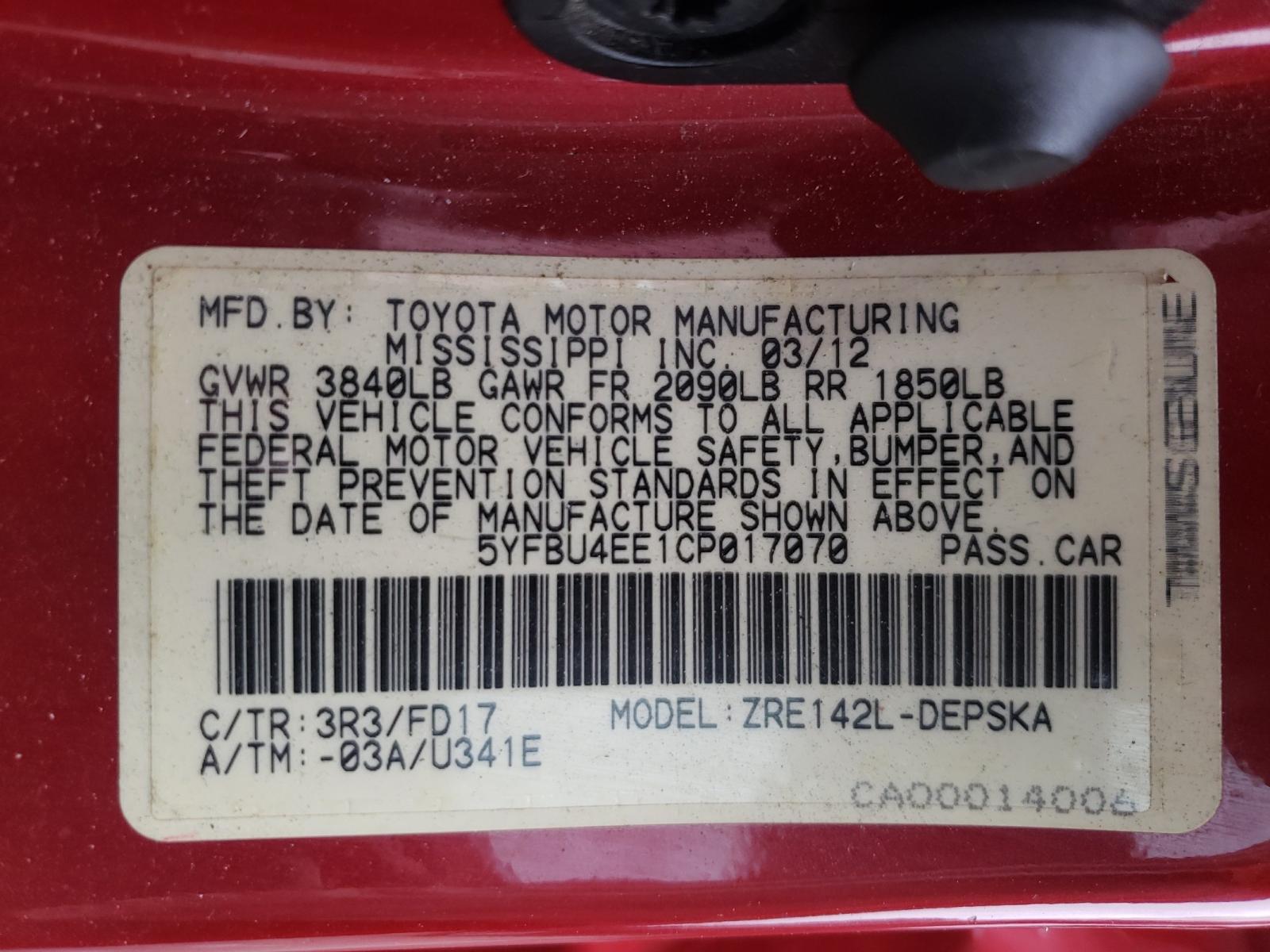 Photo 10 from auction – 2012 TOYOTA COROLLA BA with VIN 5YFBU4EE1CP017070