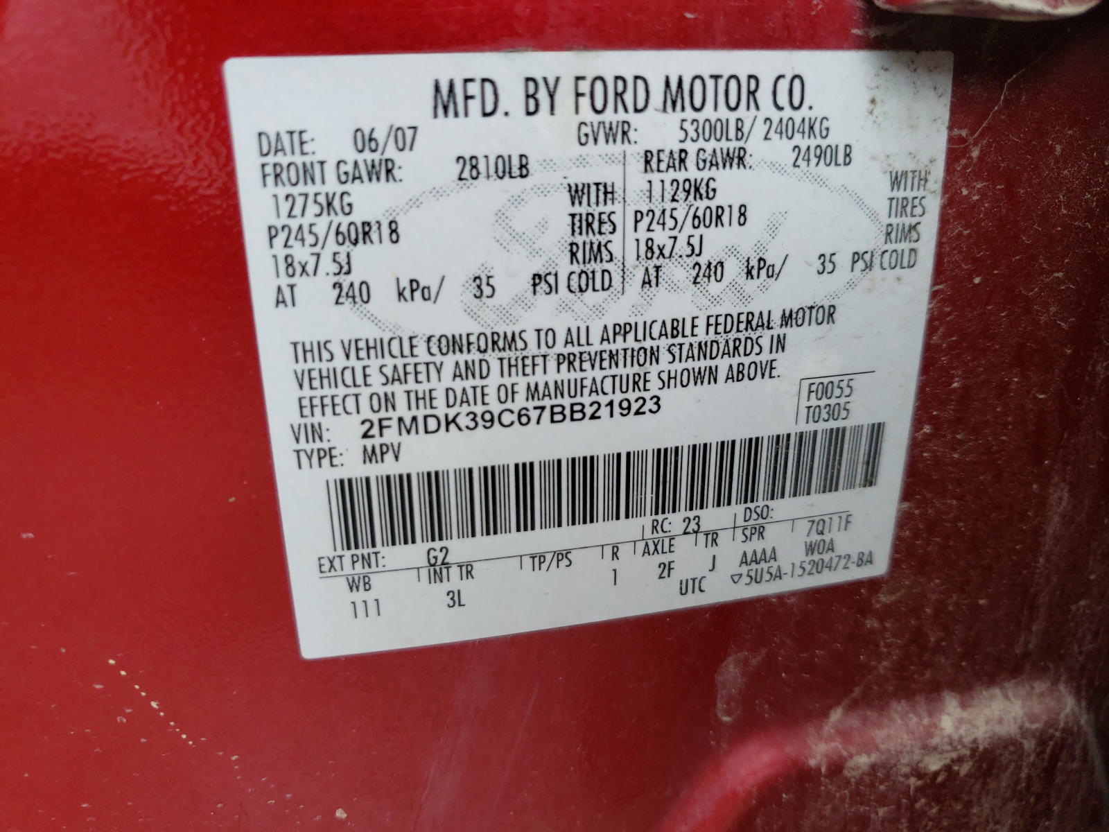 Photo 10 from auction – 2007 FORD EDGE SEL P with VIN 2FMDK39C67BB21923