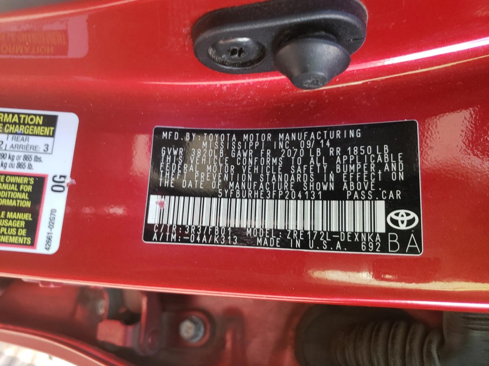 Photo 10 from auction – 2015 TOYOTA COROLLA L with VIN 5YFBURHE3FP204131