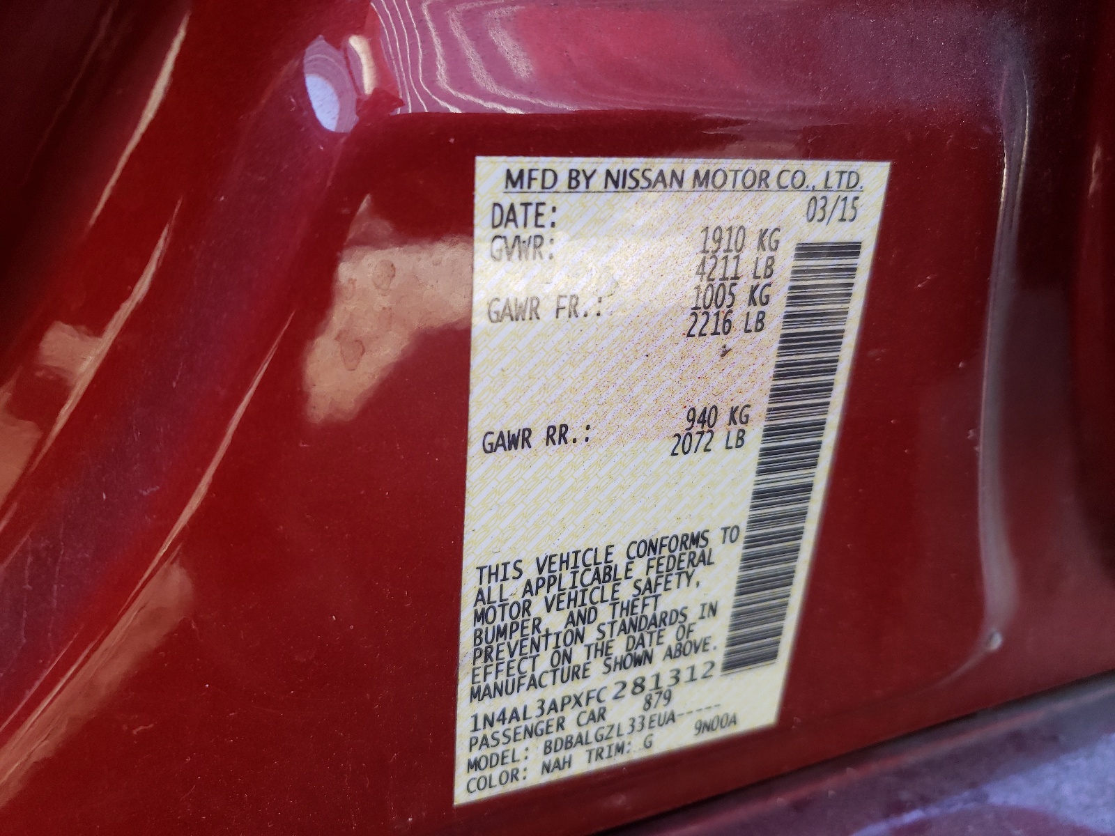 Photo 10 from auction – 2015 NISSAN ALTIMA 2.5 with VIN 1N4AL3APXFC281312