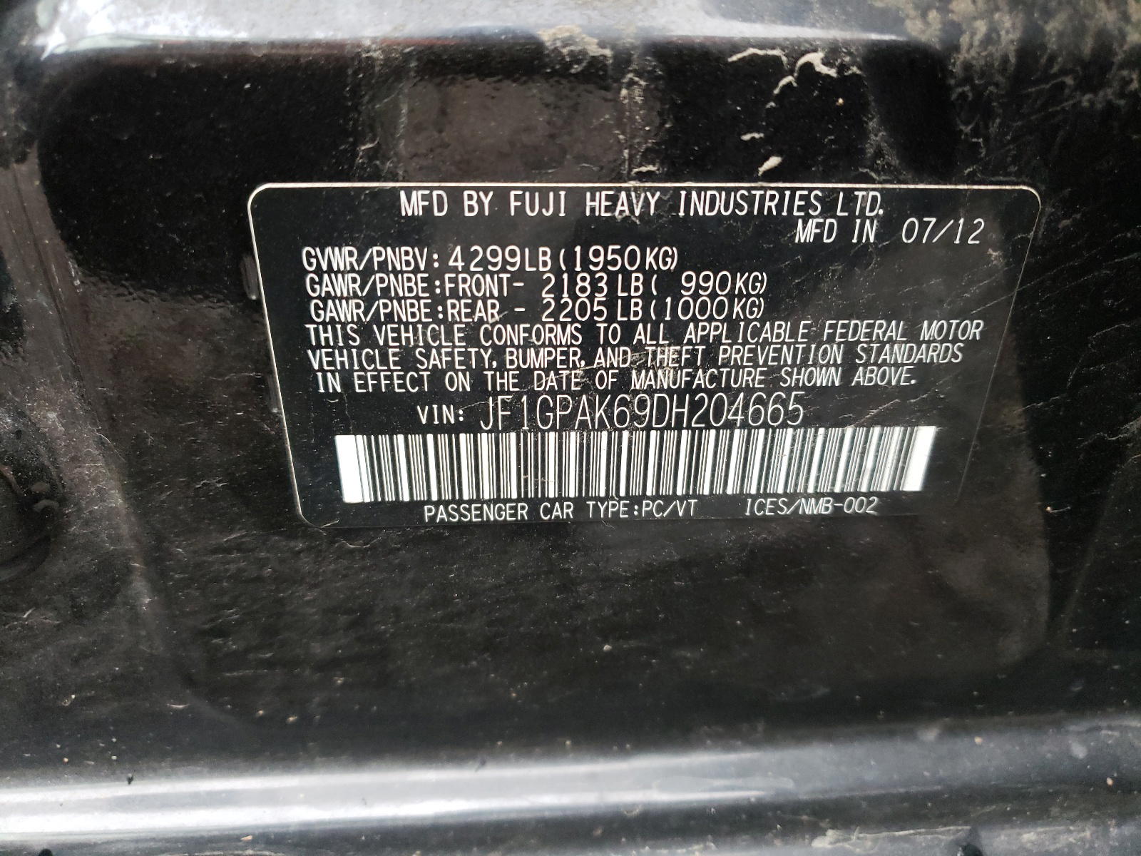 Photo 10 from auction – 2013 SUBARU IMPREZA LI with VIN JF1GPAK69DH204665