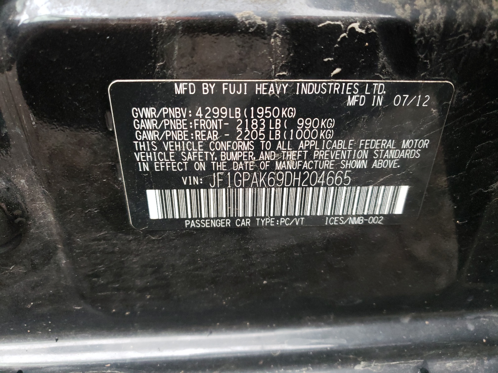 Zdjęcie 10 z aukcji – 2013 SUBARU IMPREZA LI z VIN JF1GPAK69DH204665