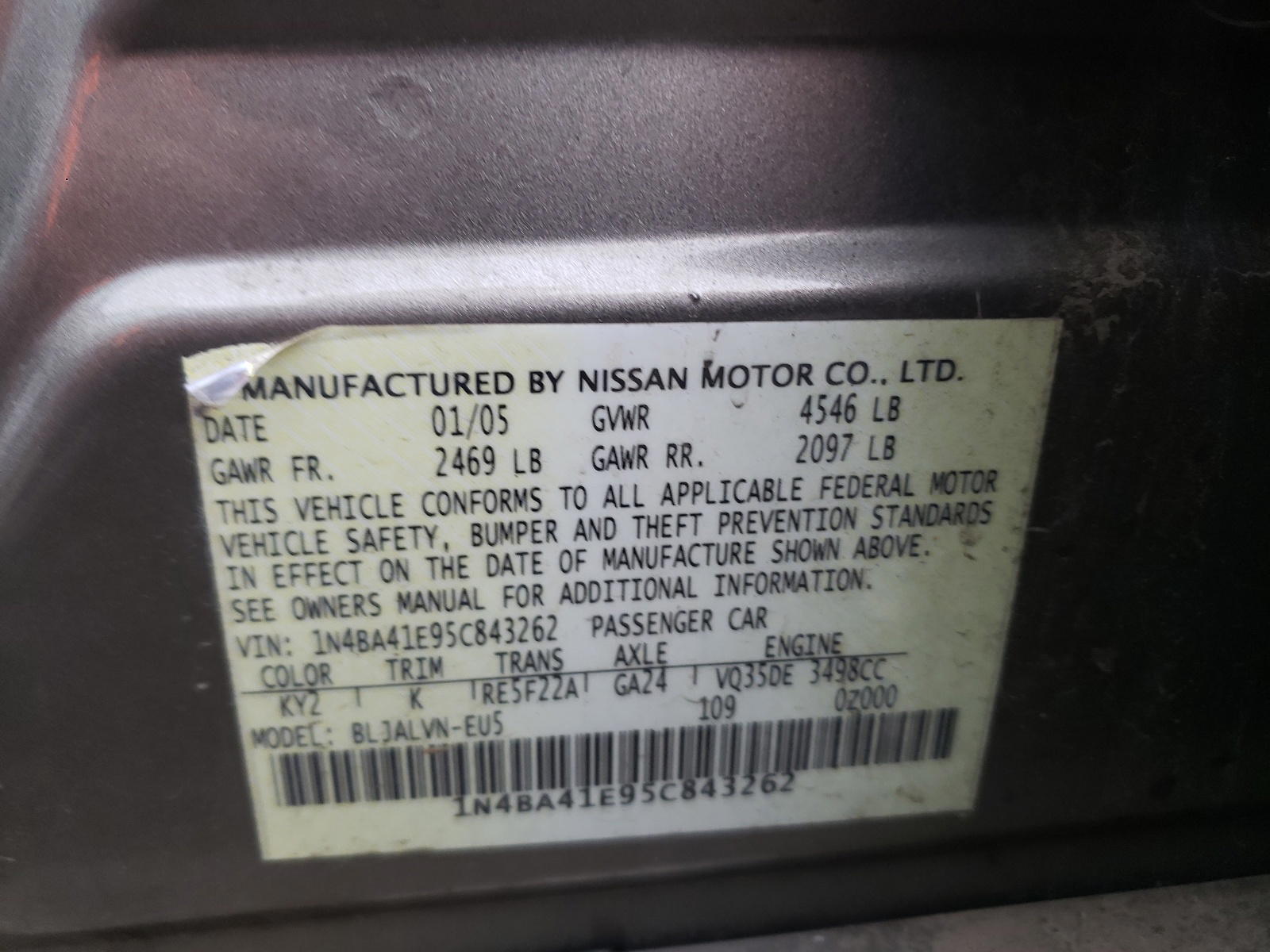 Photo 10 from auction – 2005 NISSAN MAXIMA SE with VIN 1N4BA41E95C843262