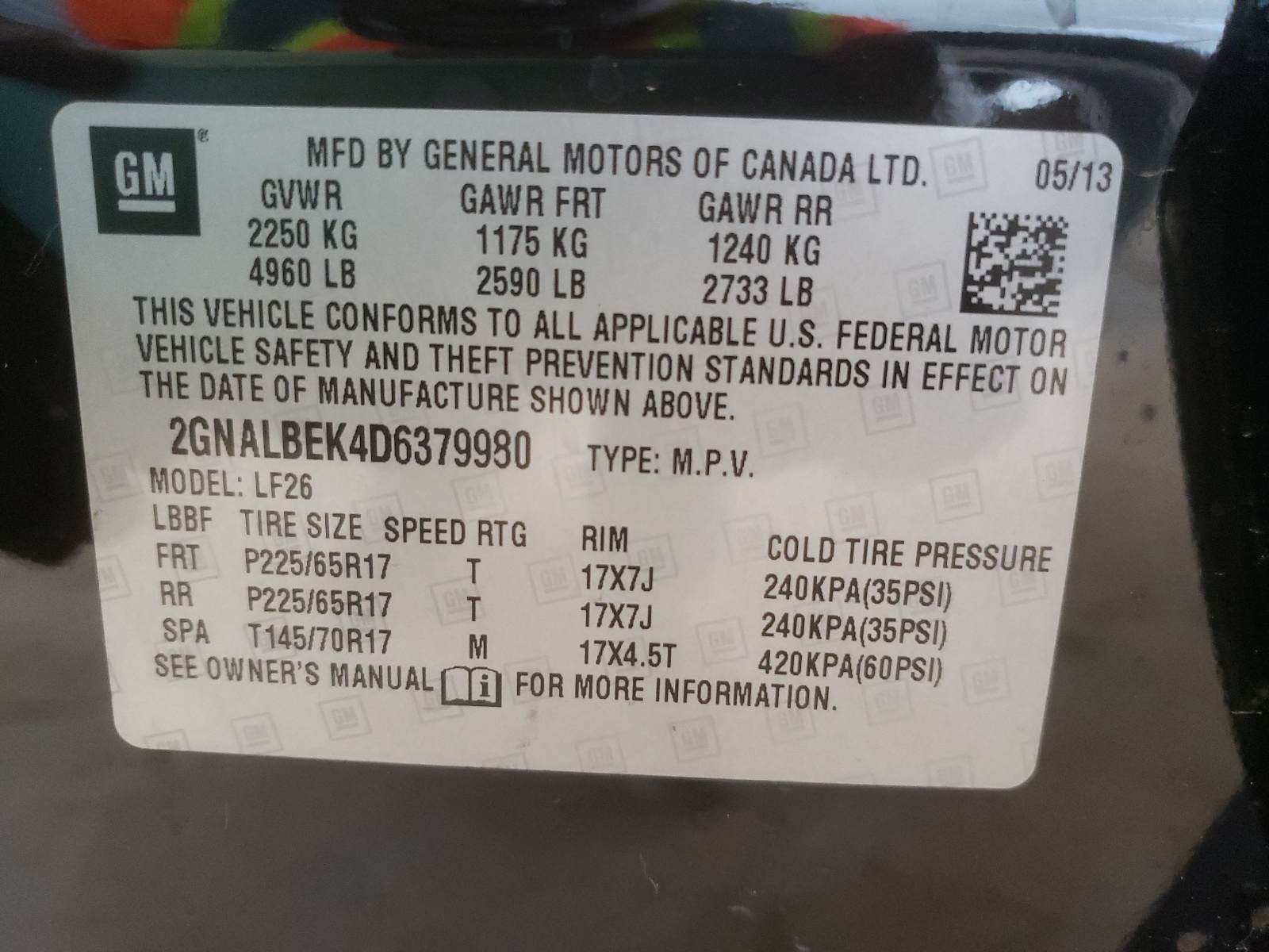 Photo 10 from auction – 2013 CHEVROLET EQUINOX LS with VIN 2GNALBEK4D6379980