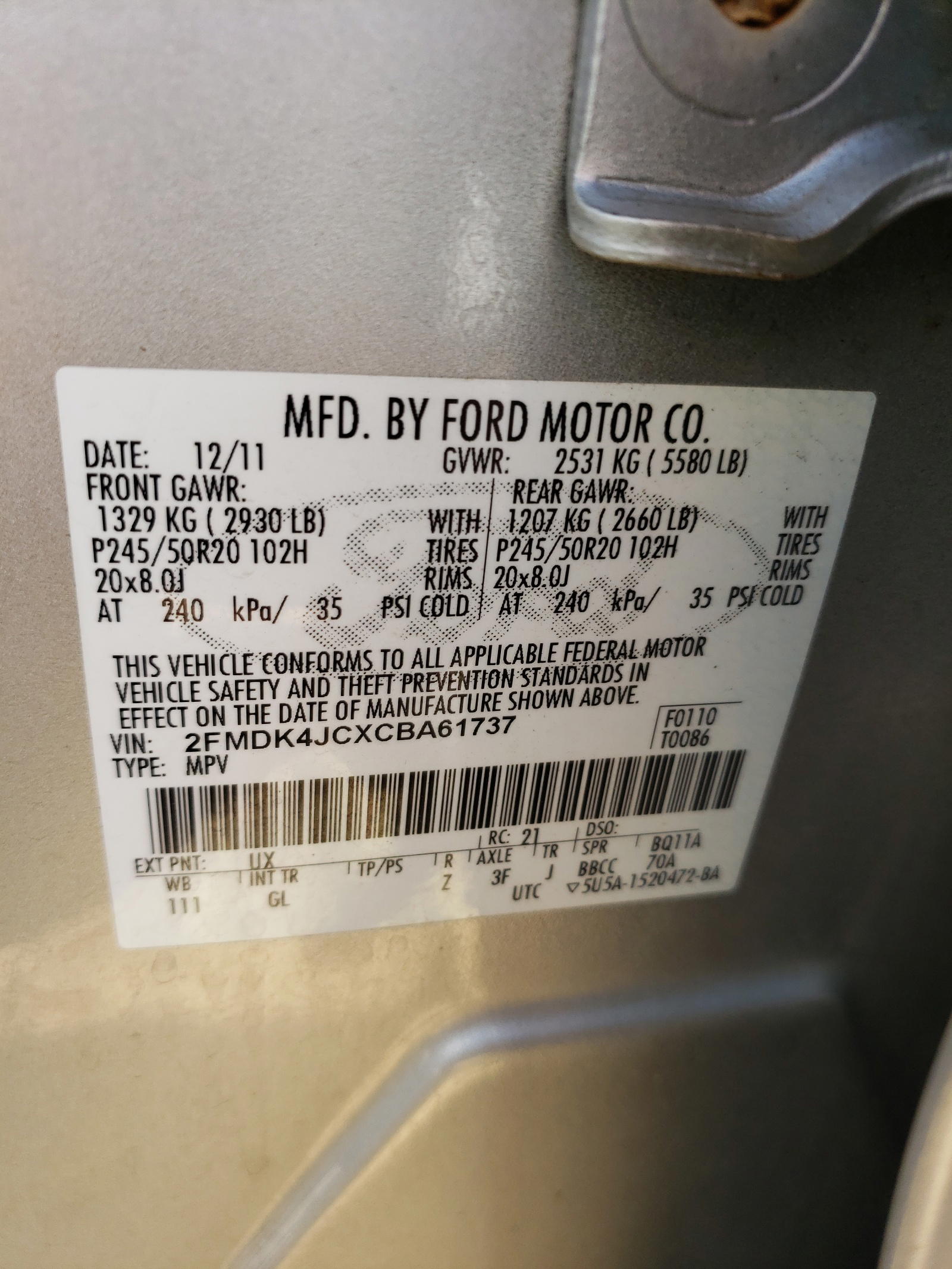 Photo 10 from auction – 2012 FORD EDGE SEL with VIN 2FMDK4JCXCBA61737