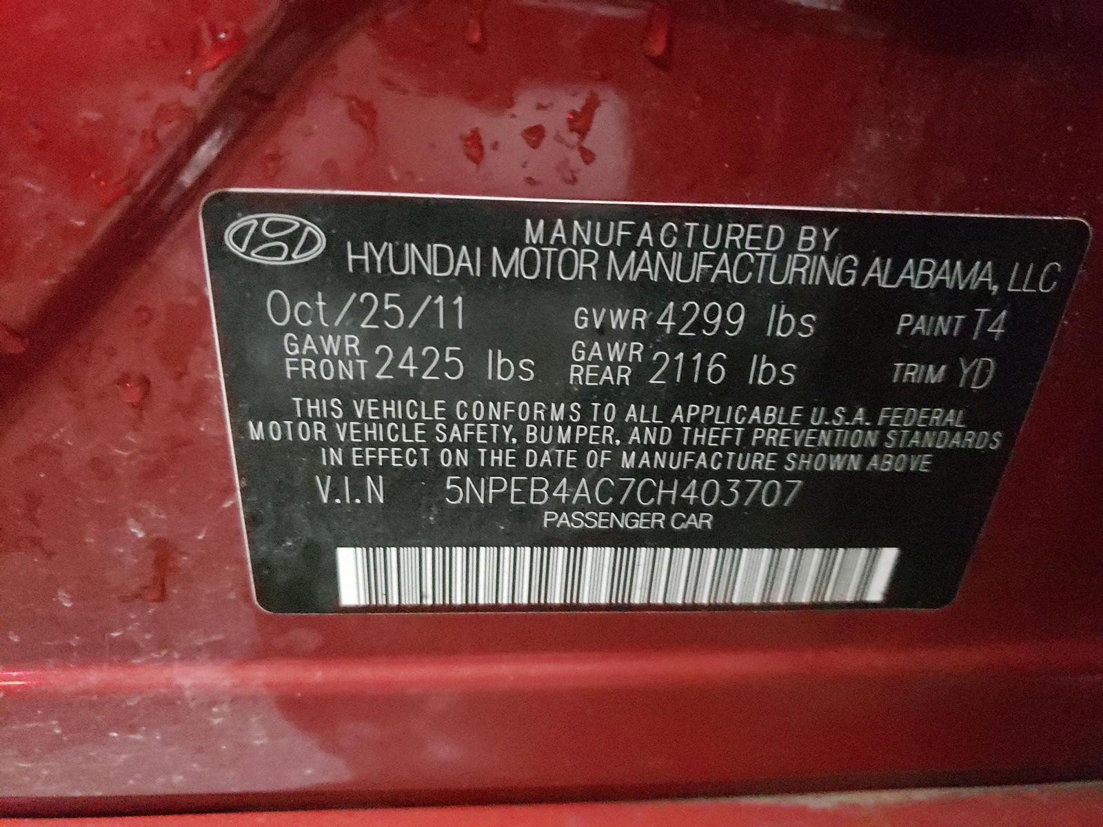 Photo 10 from auction – 2012 HYUNDAI SONATA GLS with VIN 5NPEB4AC7CH403707