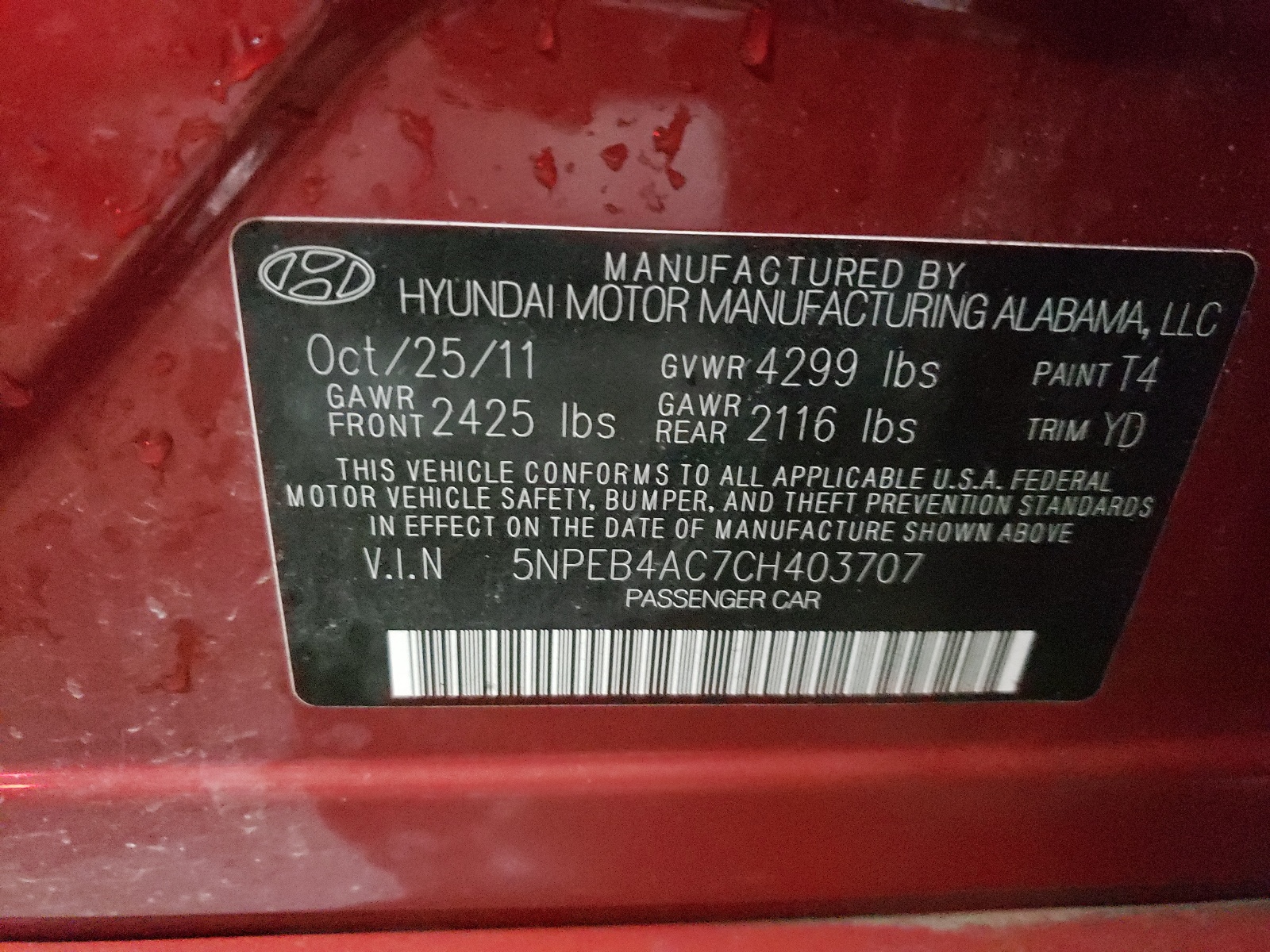 Zdjęcie 10 z aukcji – 2012 HYUNDAI SONATA GLS z VIN 5NPEB4AC7CH403707