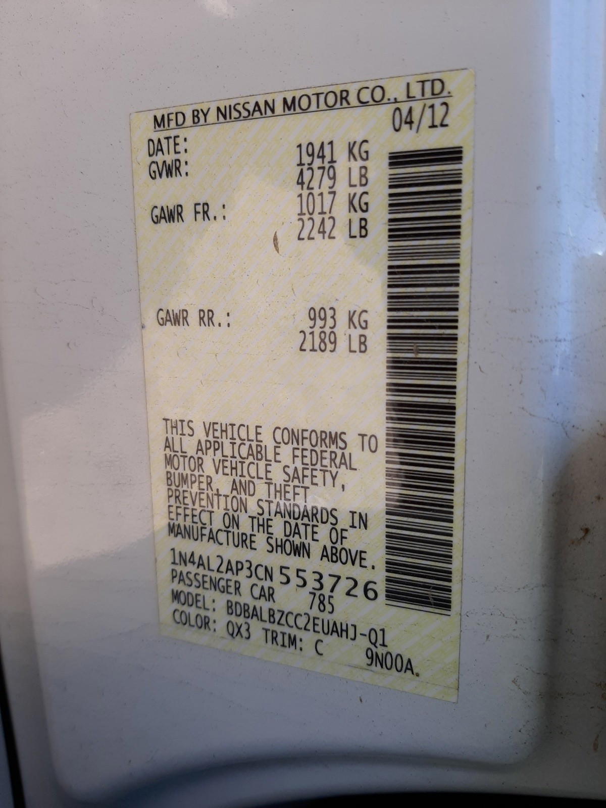 Photo 10 from auction – 2012 NISSAN ALTIMA BAS with VIN 1N4AL2AP3CN553726