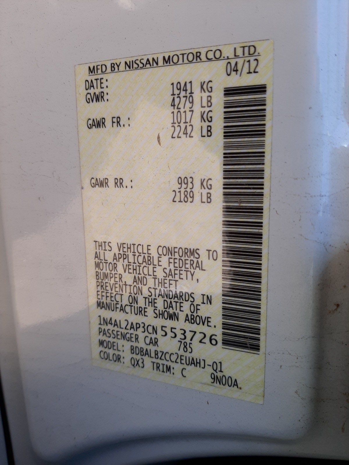 Zdjęcie 10 z aukcji – 2012 NISSAN ALTIMA BAS z VIN 1N4AL2AP3CN553726