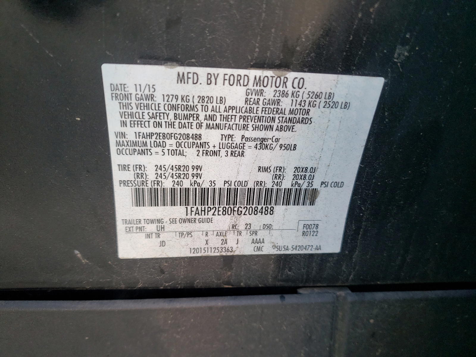 Photo 10 from auction – 2015 FORD TAURUS SEL with VIN 1FAHP2E80FG208488