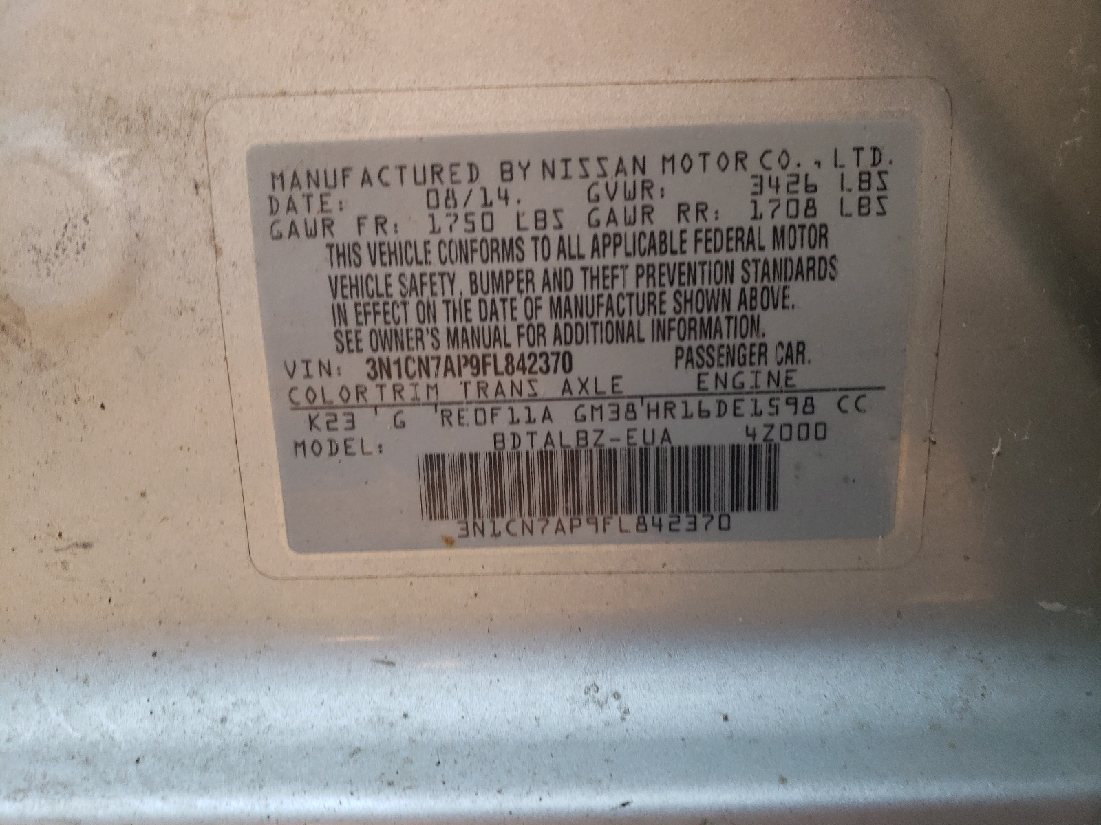 Photo 10 from auction – 2015 NISSAN VERSA S with VIN 3N1CN7AP9FL842370