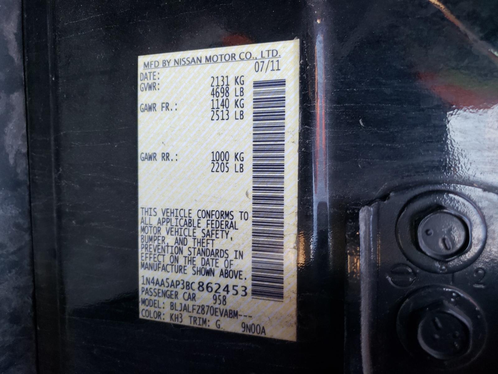 Photo 10 from auction – 2011 NISSAN MAXIMA S with VIN 1N4AA5AP3BC862453