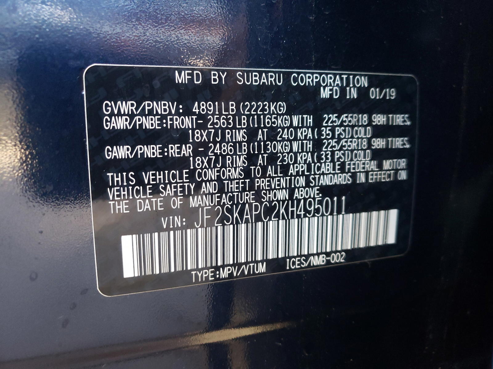 Photo 10 from auction – 2019 SUBARU FORESTER S with VIN JF2SKAPC2KH495011