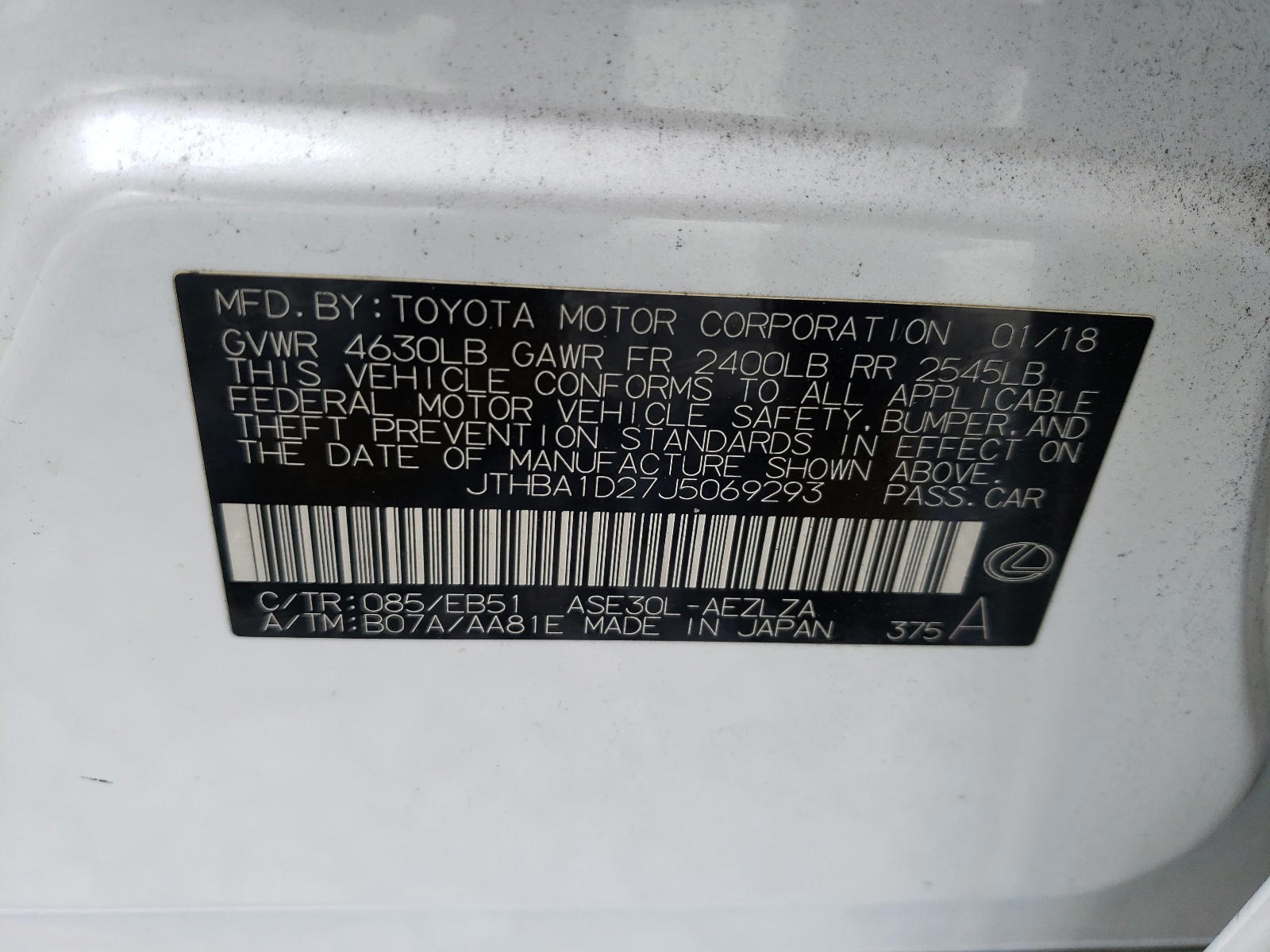 Photo 10 from auction – 2018 LEXUS IS 300 with VIN JTHBA1D27J5069293