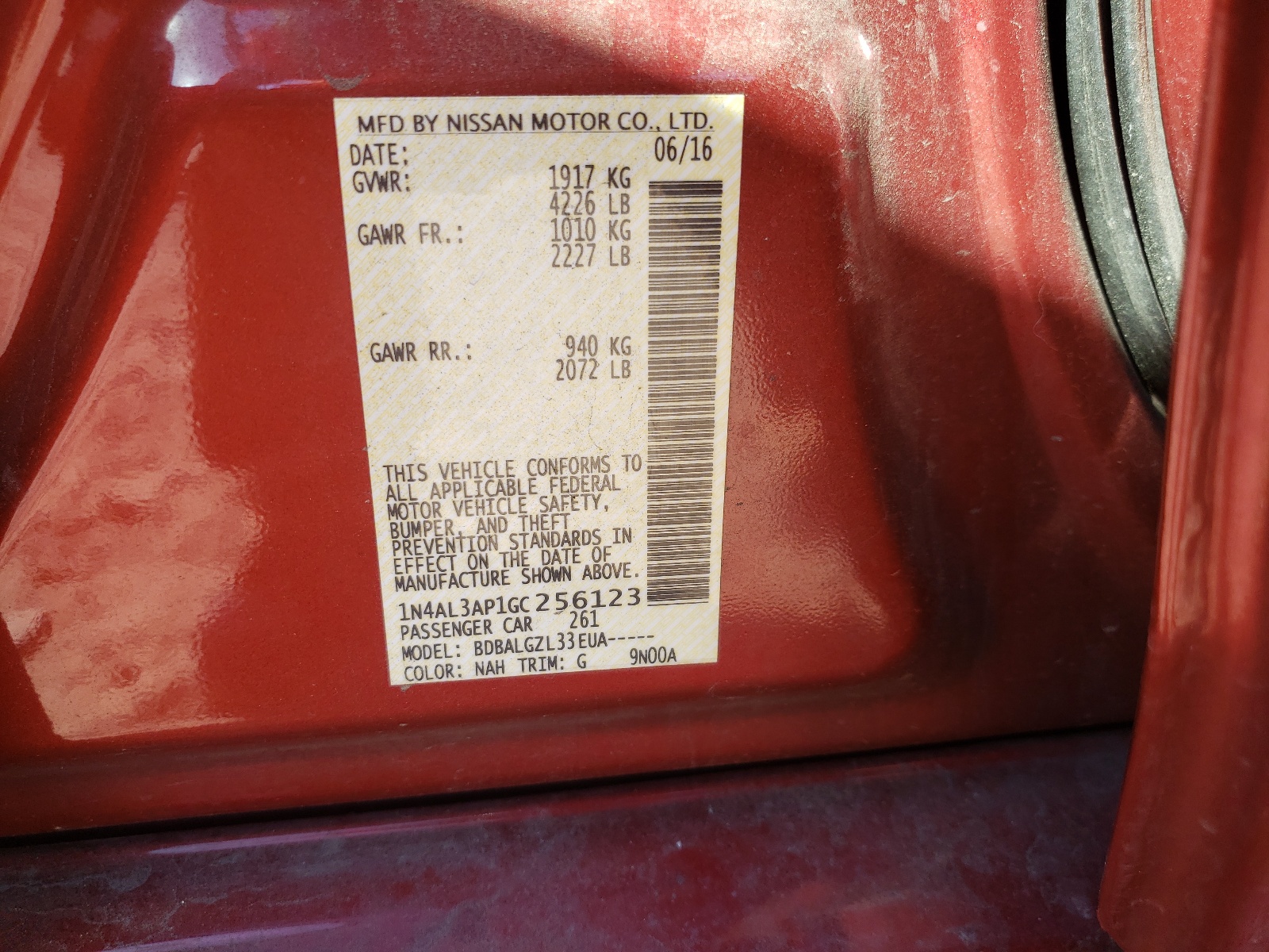 Photo 10 from auction – 2016 NISSAN ALTIMA 2.5 with VIN 1N4AL3AP1GC256123