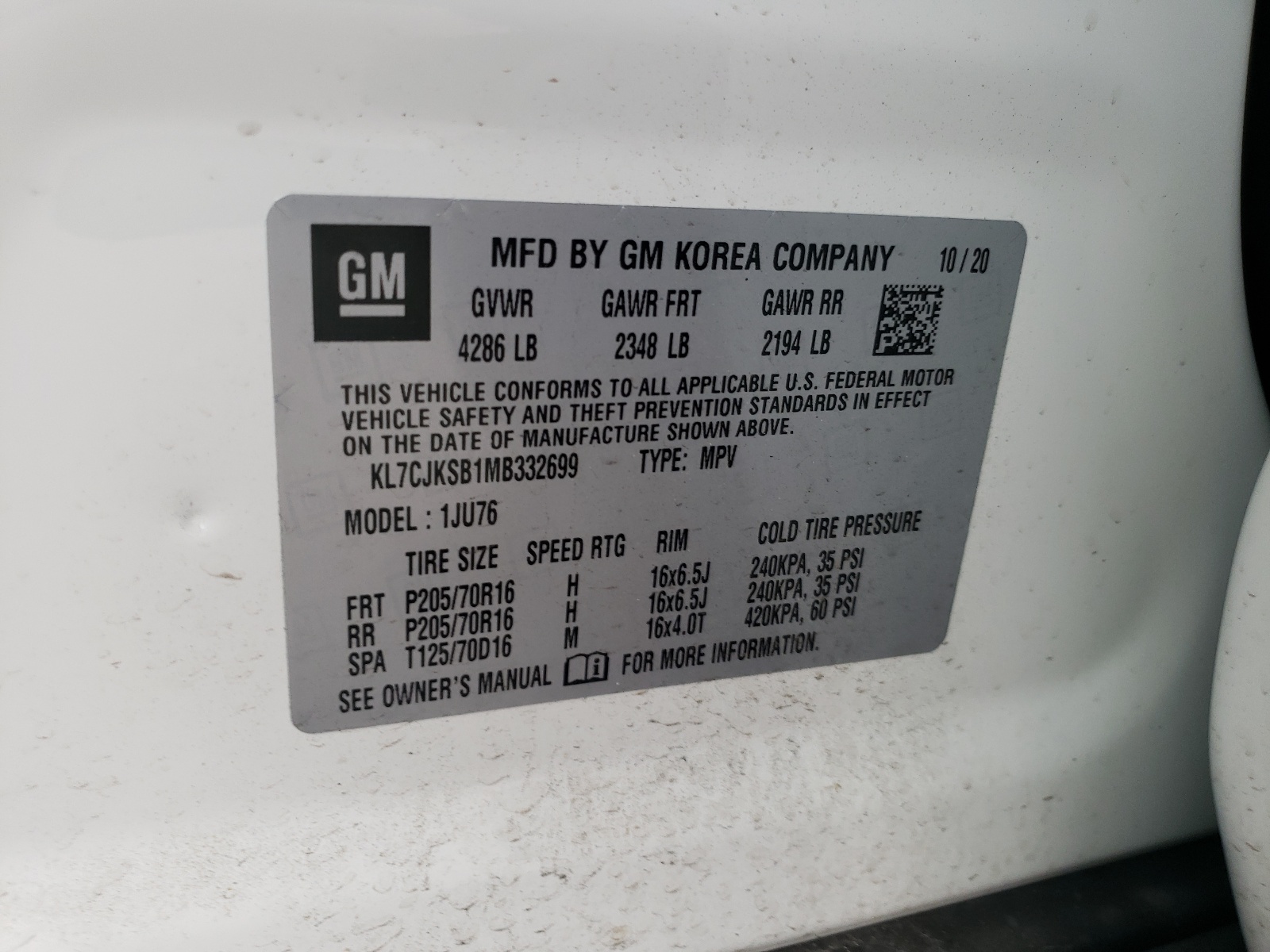Photo 10 from auction – 2021 CHEVROLET TRAX LS with VIN KL7CJKSB1MB332699