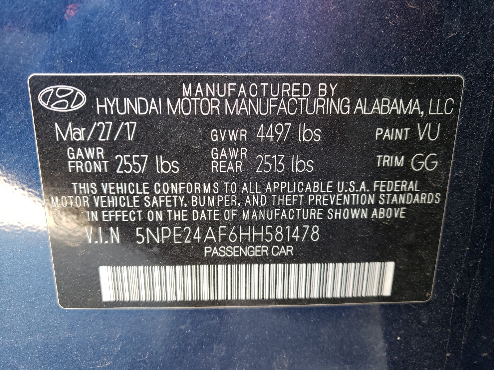 Photo 10 from auction – 2017 HYUNDAI SONATA SE with VIN 5NPE24AF6HH581478