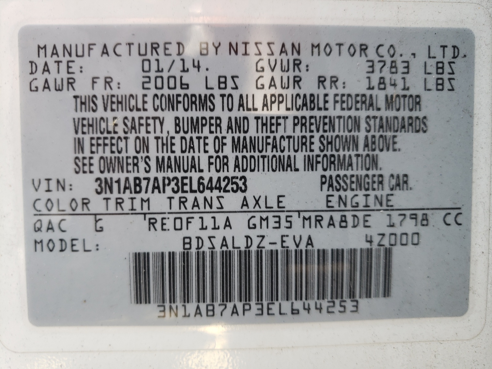Photo 10 from auction – 2014 NISSAN SENTRA S with VIN 3N1AB7AP3EL644253