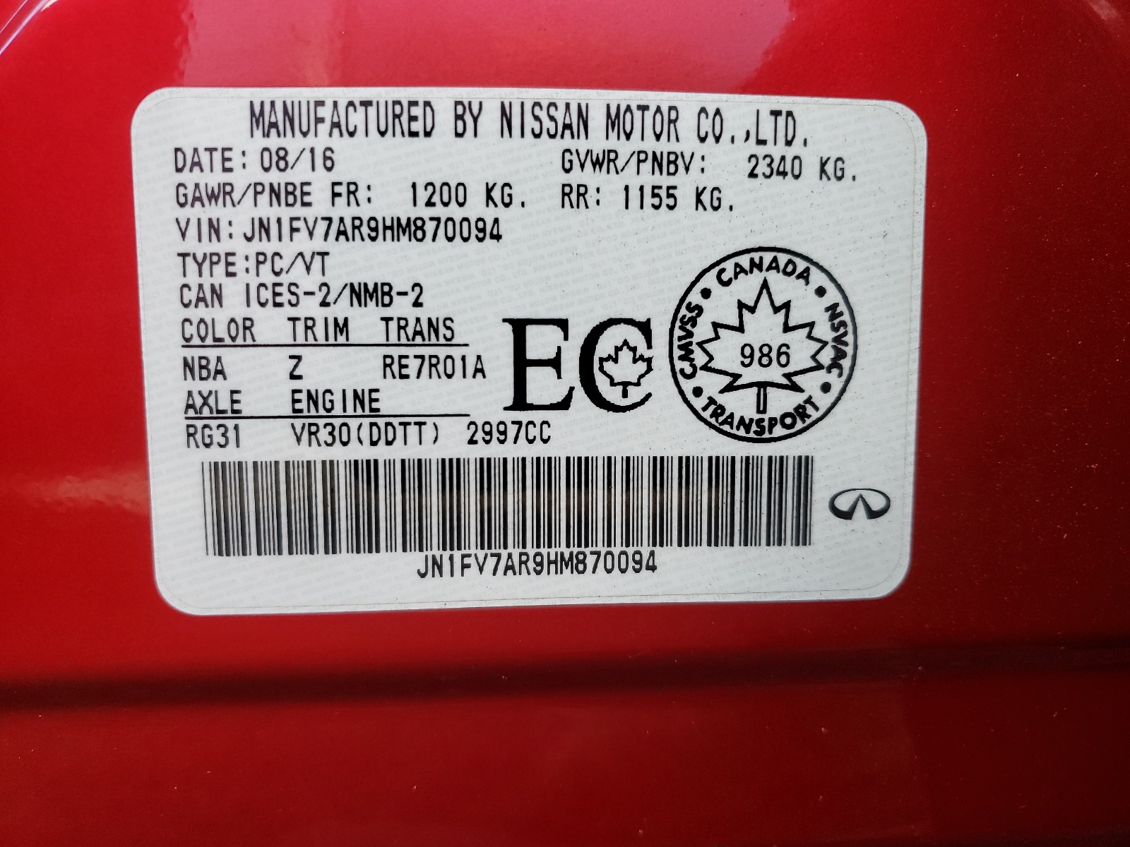 Photo 10 from auction – 2017 INFINITI Q50 RED SP with VIN JN1FV7AR9HM870094