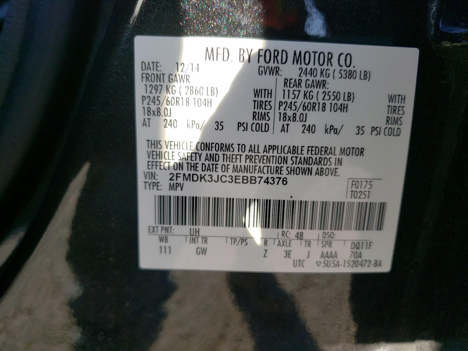 Photo 10 from auction – 2014 FORD EDGE SEL with VIN 2FMDK3JC3EBB74376