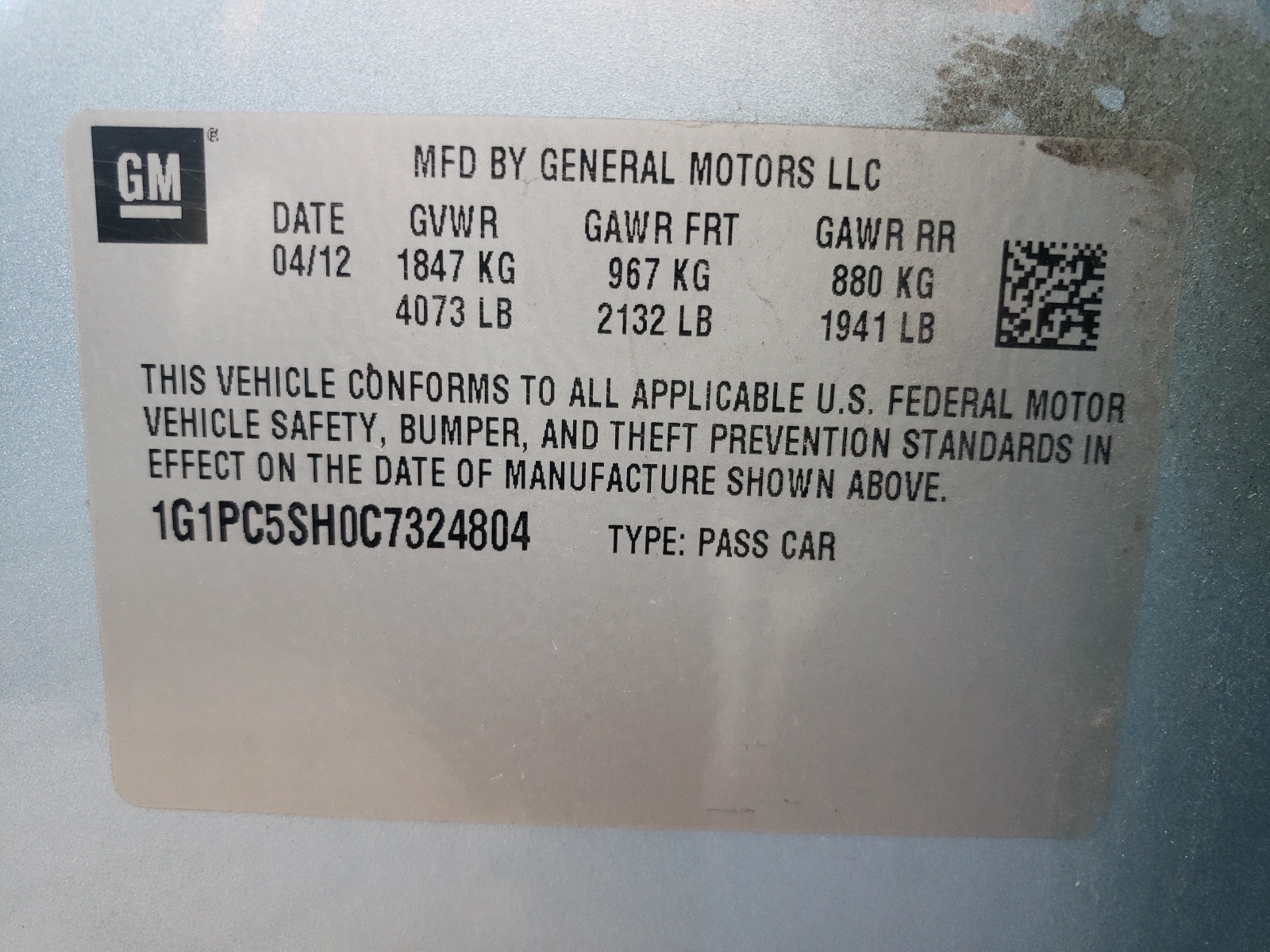 Photo 10 from auction – 2012 CHEVROLET CRUZE LS with VIN 1G1PC5SH0C7324804