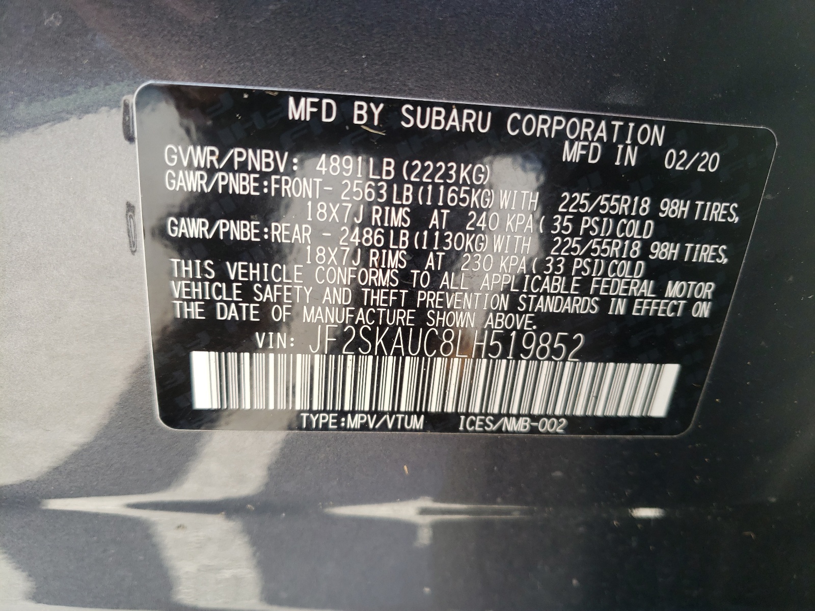 Photo 10 from auction – 2020 SUBARU FORESTER L with VIN JF2SKAUC8LH519852