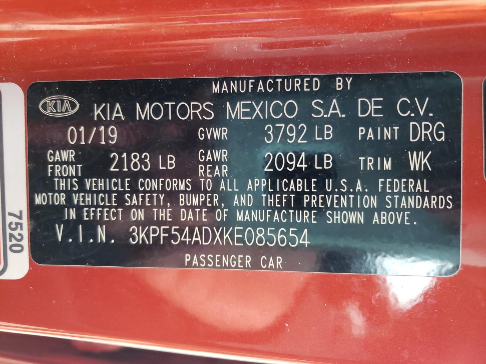 Photo 10 from auction – 2019 KIA FORTE EX with VIN 3KPF54ADXKE085654