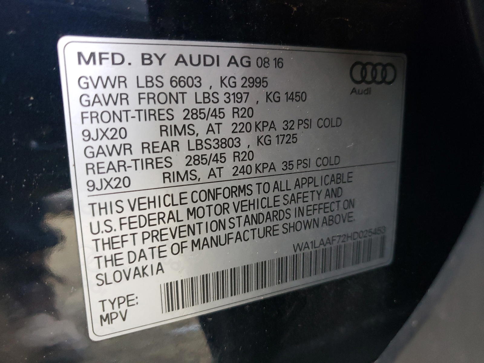 Photo 10 from auction – 2017 AUDI Q7 PREMIUM with VIN WA1LAAF72HD025453
