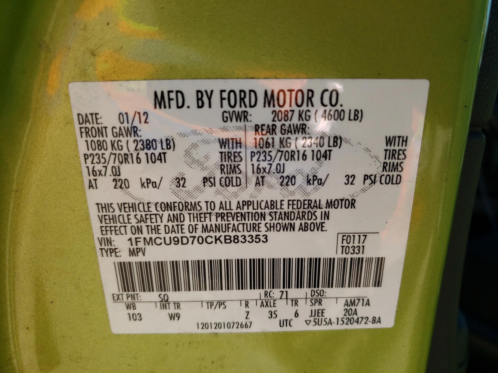Photo 10 from auction – 2012 FORD ESCAPE XLT with VIN 1FMCU9D70CKB83353