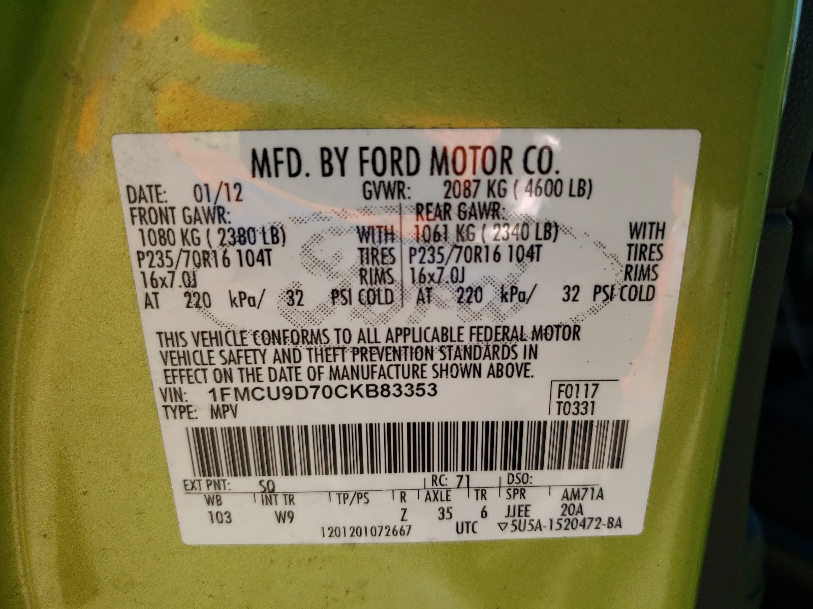 Foto 10 de la subasta – 2012 FORD ESCAPE XLT con VIN 1FMCU9D70CKB83353