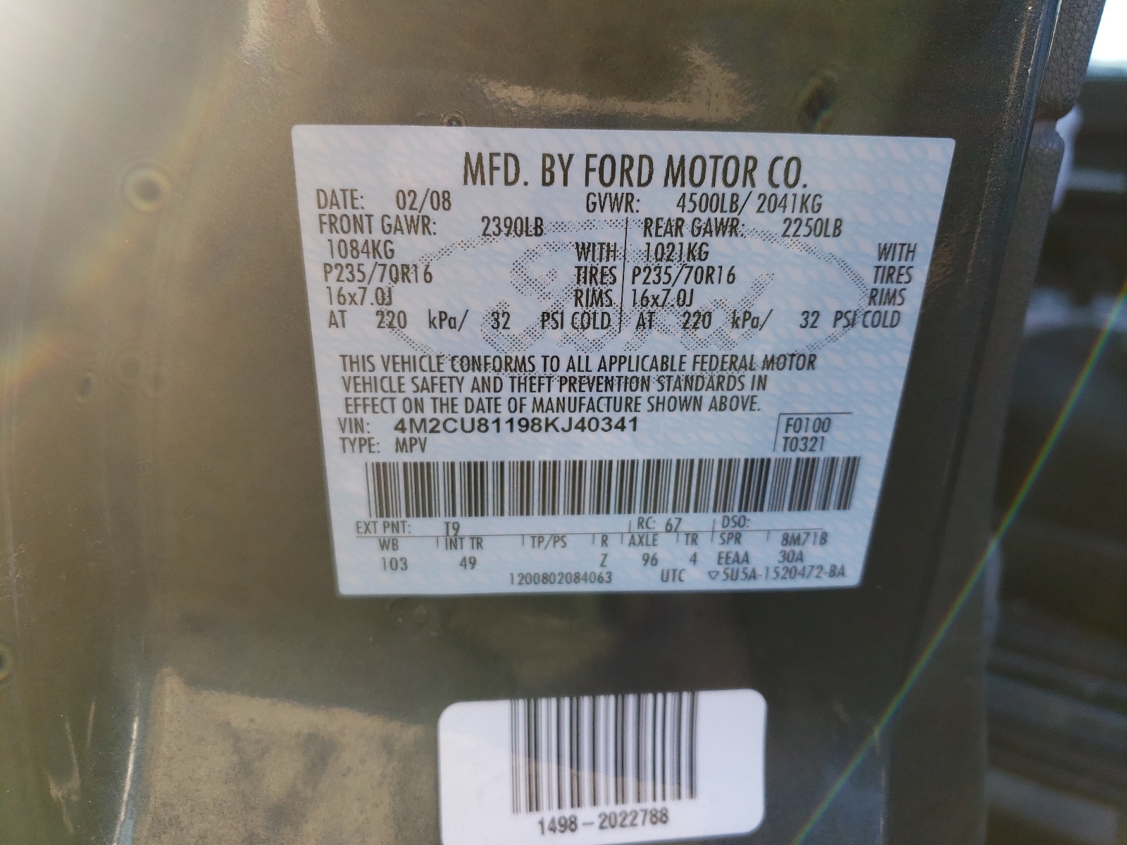 Photo 10 from auction – 2008 MERCURY MARINER with VIN 4M2CU81198KJ40341