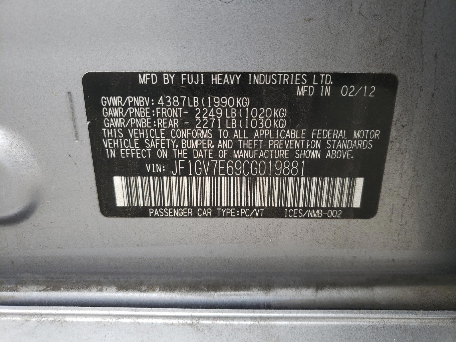 Photo 10 from auction – 2012 SUBARU IMPREZA WR with VIN JF1GV7E69CG019881