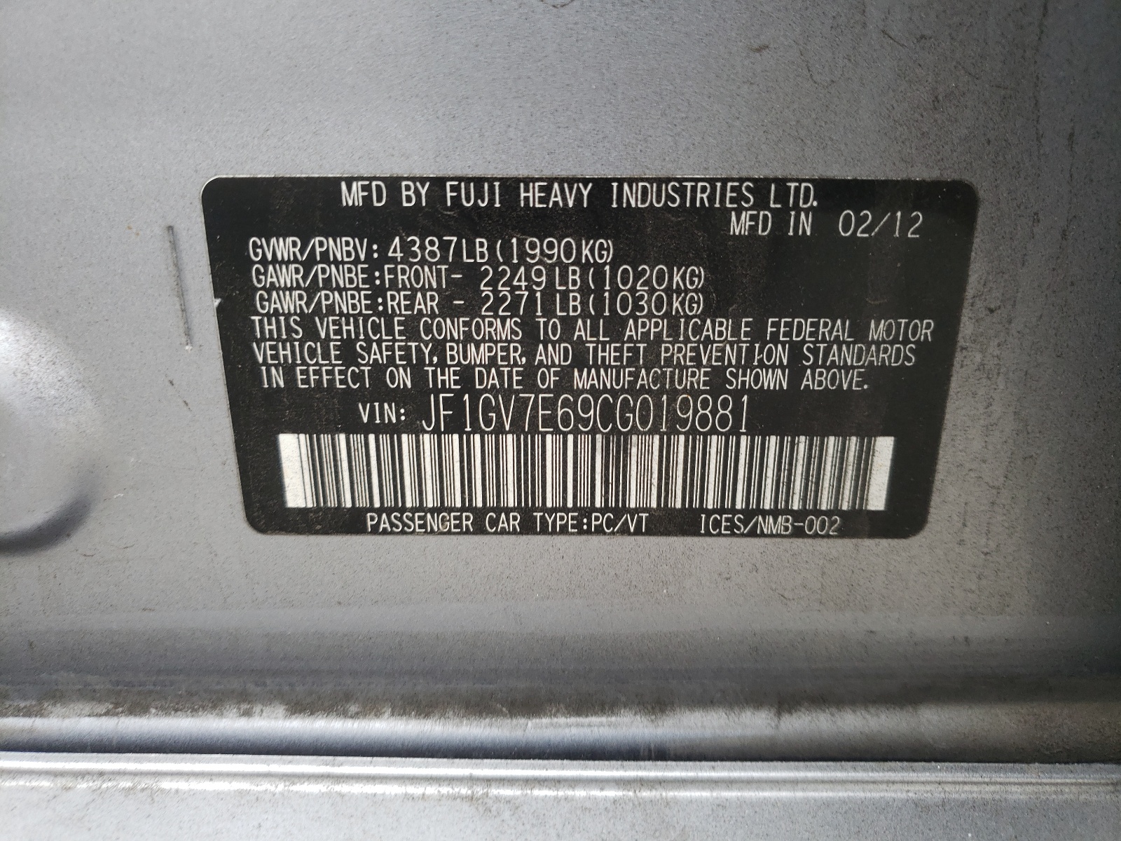 Zdjęcie 10 z aukcji – 2012 SUBARU IMPREZA WR z VIN JF1GV7E69CG019881